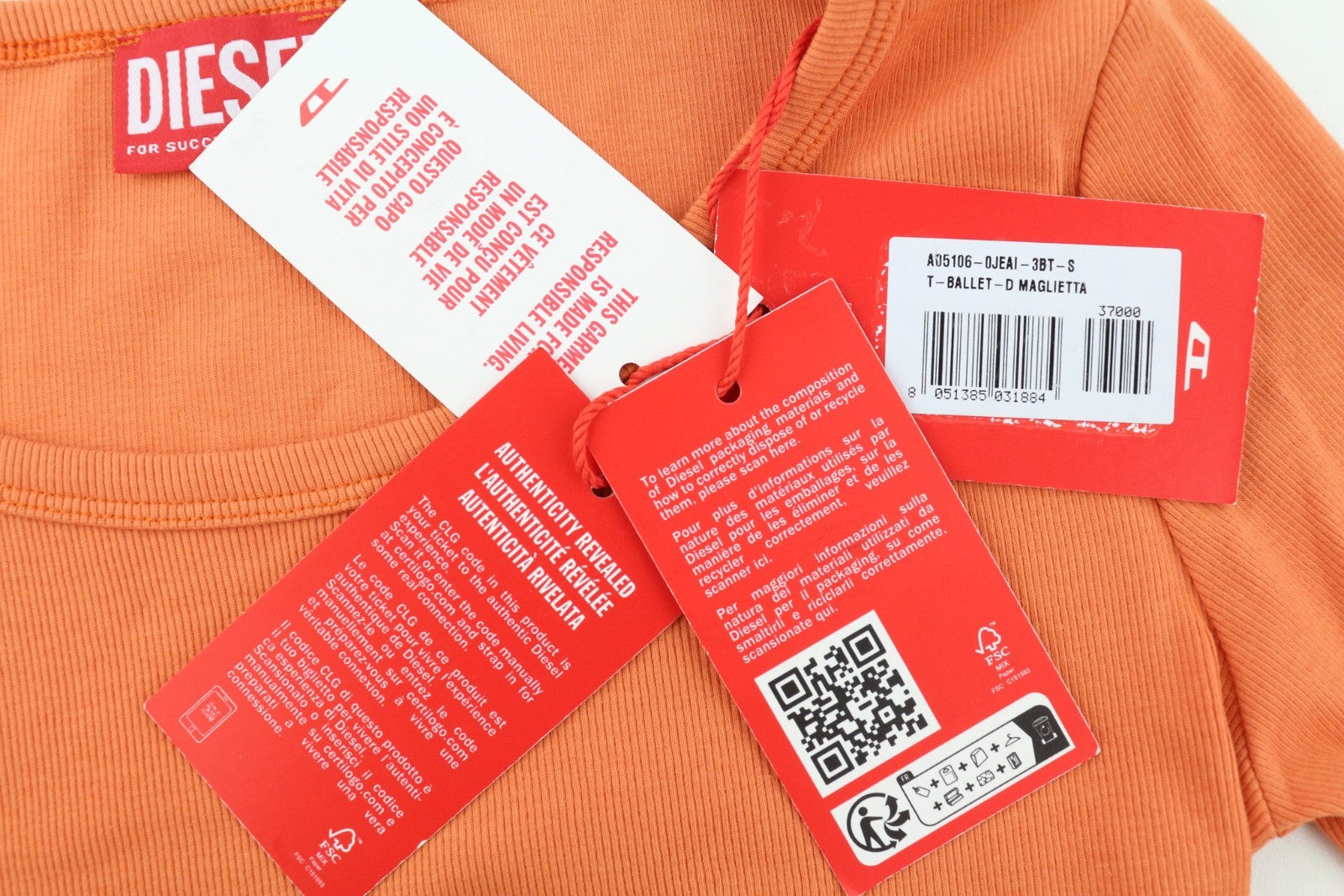 DIESEL T-Ballet-D Women's T-Shirt S Orange Long Sleeve Round Crew Fit Logo