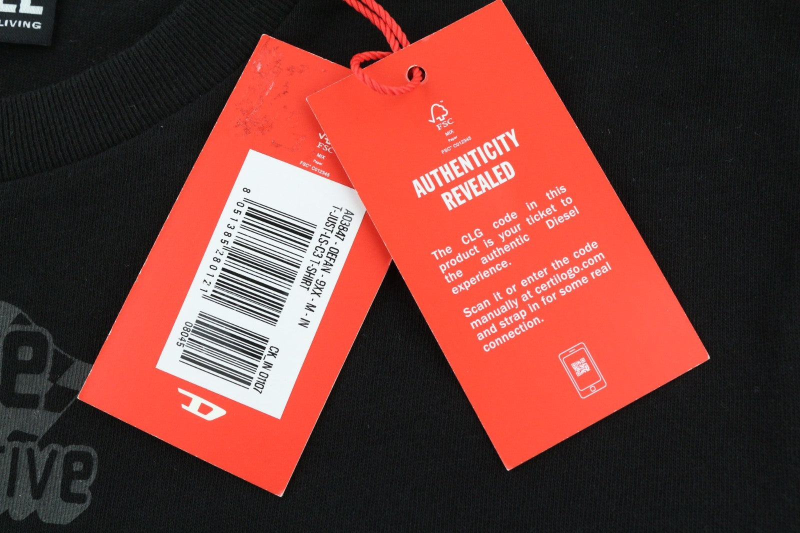 DIESEL T-Just-LS-C3 Men's Sweatshirt M Black Crew Pullover Logo Long Sleeve