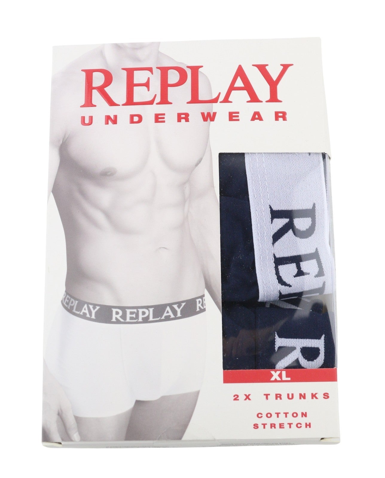 REPLAY Men Underwear XL Blue Elastic Waist Logo Cotton Stretchy Trunks 2 Pack