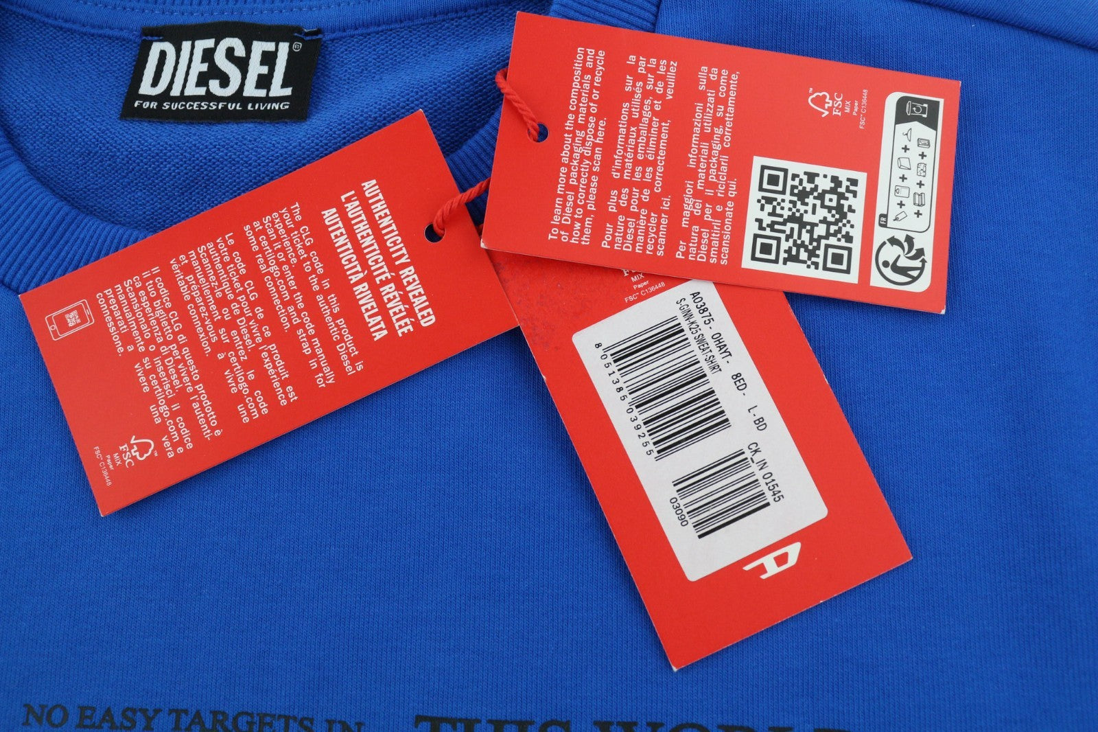 DIESEL S-Ginn-K25 Men's Sweatshirt L Blue Crew Pull On Logo Long Sleeve RRP175