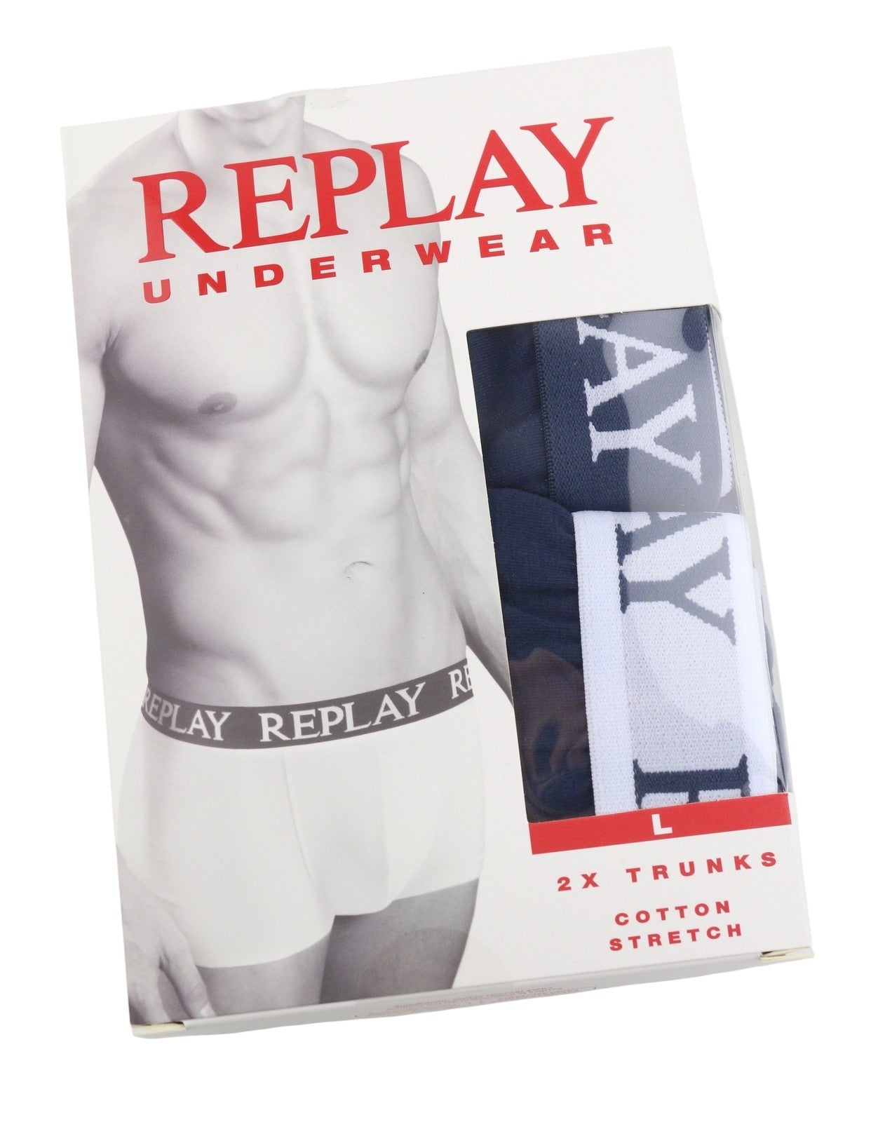 REPLAY Men Underwear L Blue Elastic Waist Logo Cotton Stretchy Trunks 2 Pack