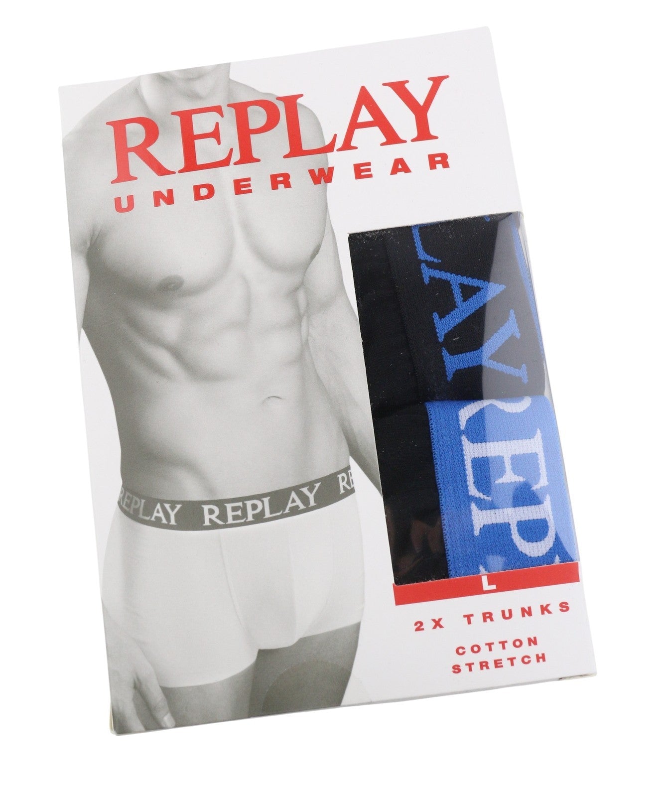 REPLAY Men Underwear L Dark Black Elastic Waist Cotton Stretch Trunks 2 Pack