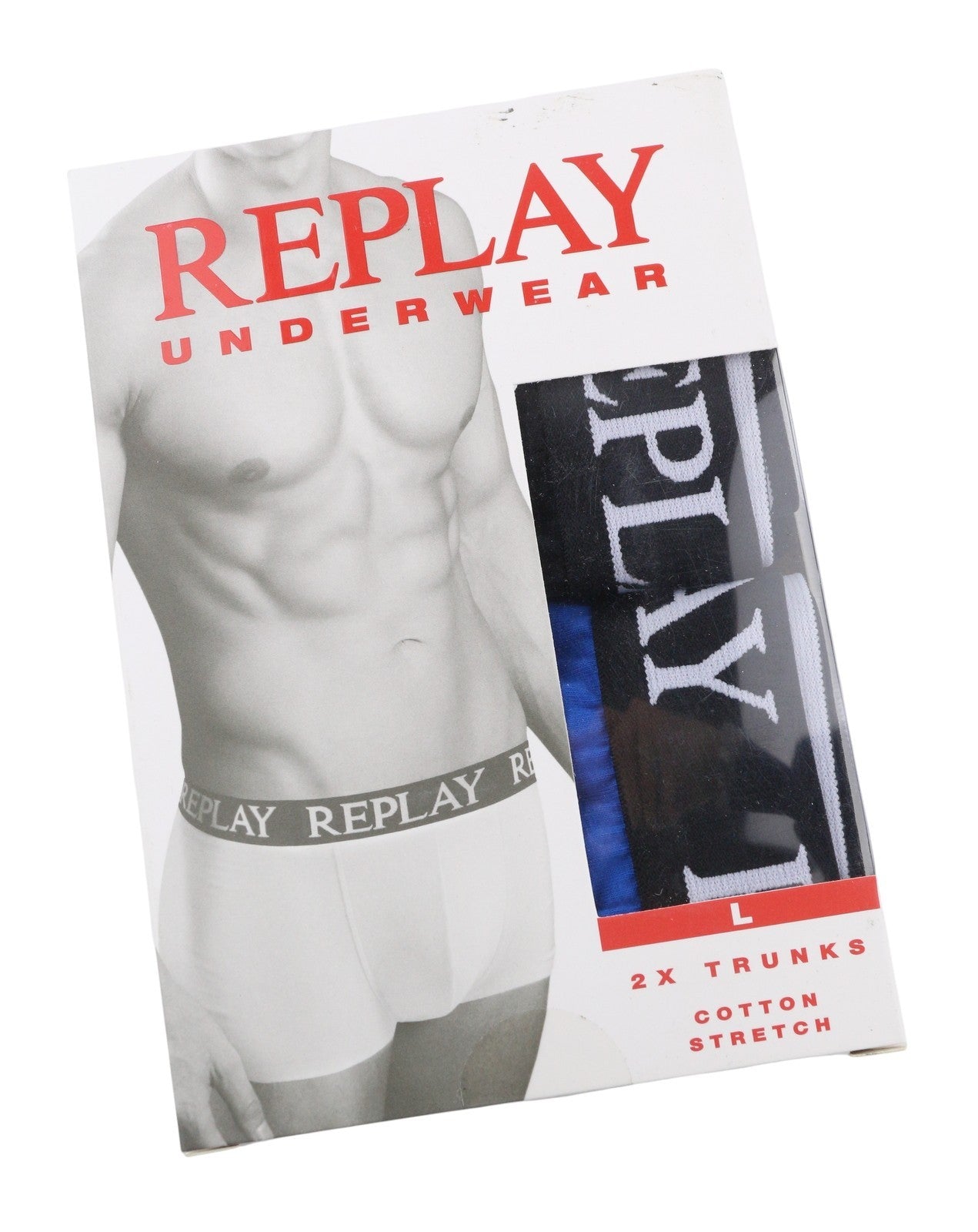 REPLAY Men Underwear L Blue Black Elastic Waist Cotton Stretch Trunks 2 Pack