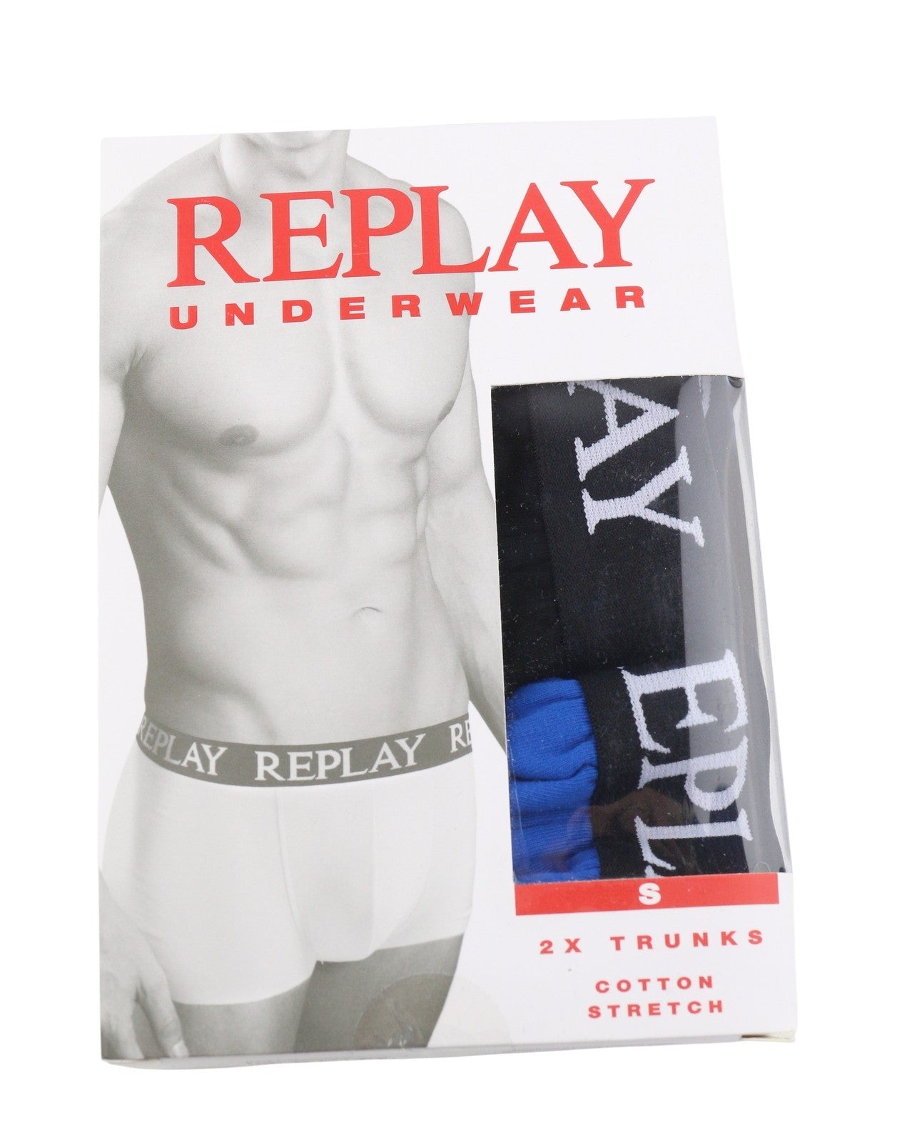 REPLAY Men Underwear S Blue Black Elastic Waist Cotton Stretch Trunks 2 Pack