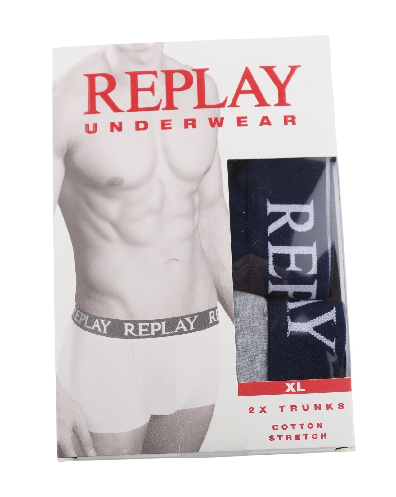 REPLAY Men Underwear XL Blue Elastic Waist Logo Cotton Stretch Trunks 2 Pack