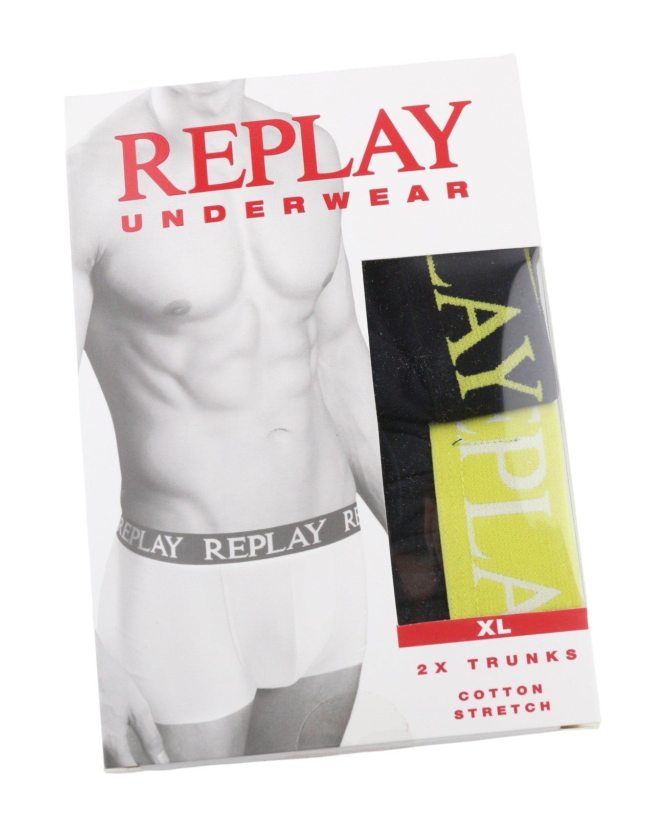 REPLAY Men Underwear XL Black Elastic Waist Logo Cotton Stretchy Trunks 2 Pack