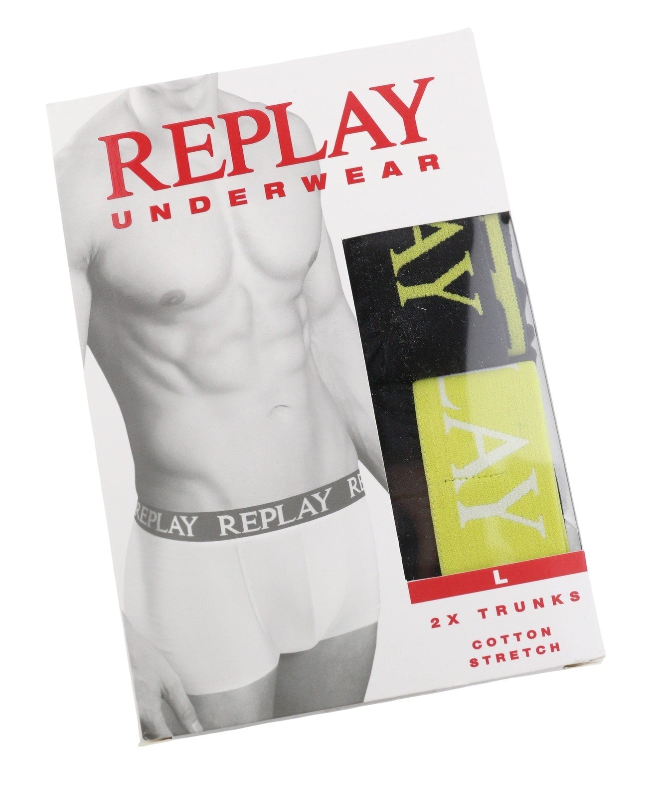 REPLAY Men Underwear L Black Elastic Waist Logo Cotton Stretchy Trunks 2 Pack