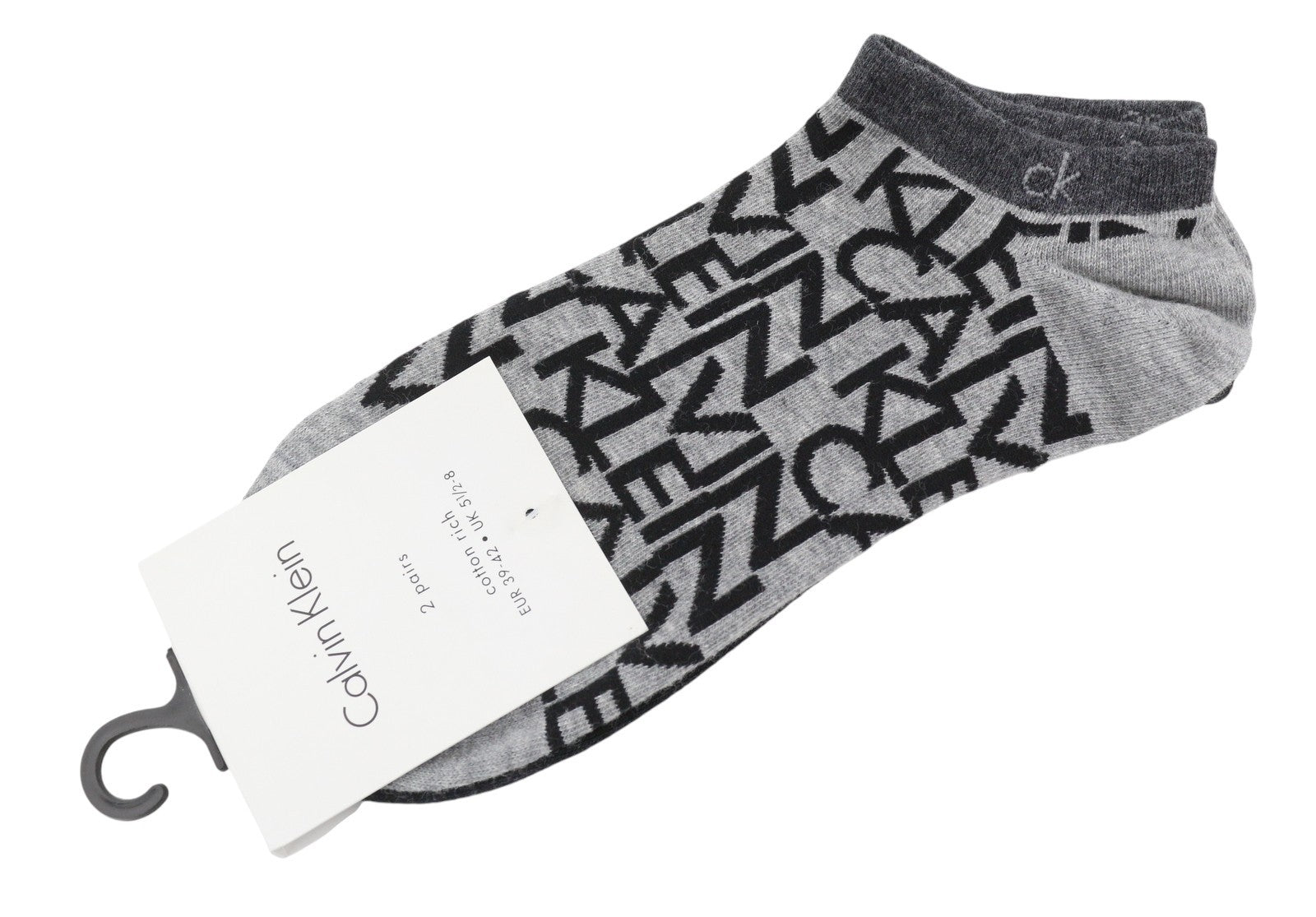 CALVIN KLEIN Cotton Rich Women Socks EU39/42 Grey Melange Logo 2 Pairs Unisex