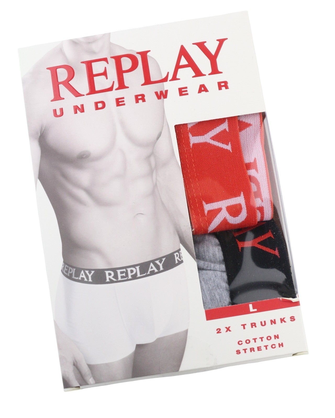 REPLAY Men Underwear L Grey Elastic Waist Logo Cotton Stretch Trunks 2 Pack