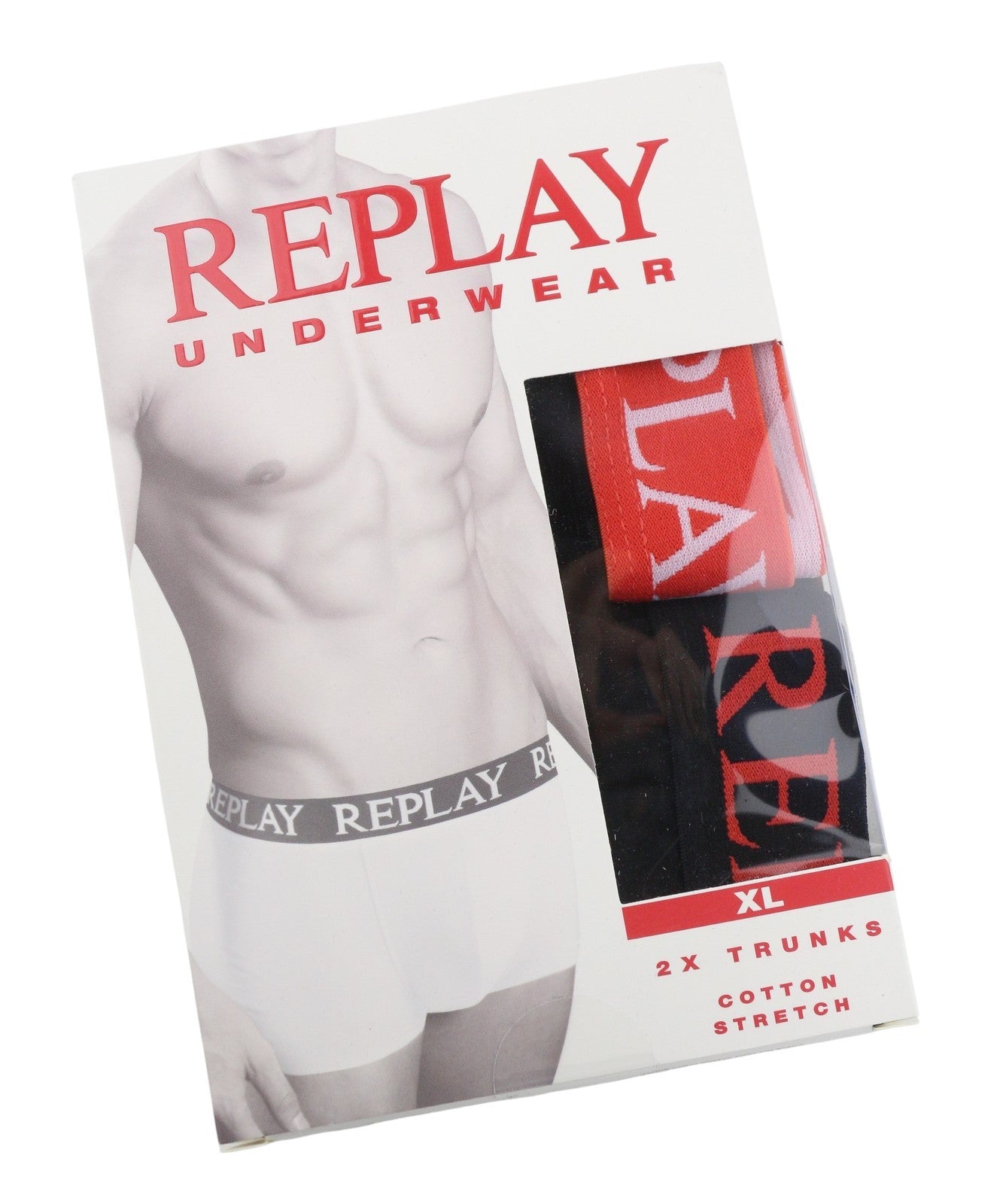 REPLAY Men Underwear XL Black Elastic Waist Logo Cotton Stretch Trunks 2 Pack