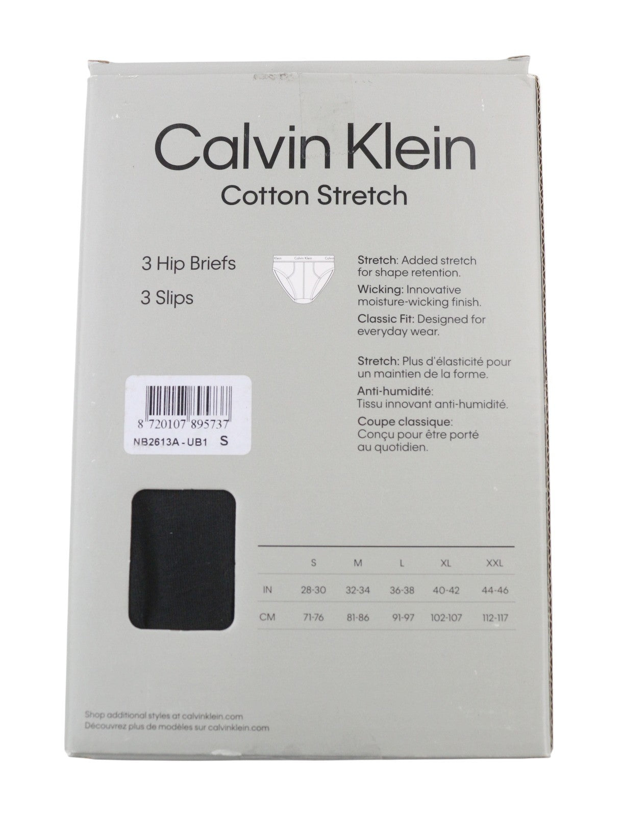 CALVIN KLEIN Men Underwear S Black Wicking Technology Cotton Stretch 3 Hip Brief