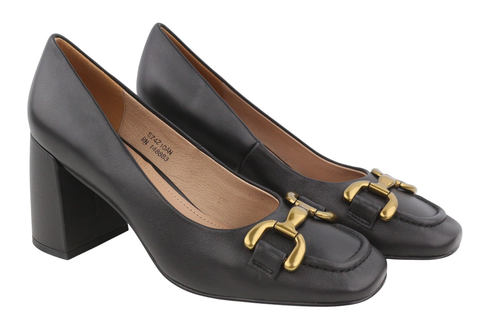 BIBI LOU Dennis Women Heels EU39 Black Leather Square Gold Tone Details Pumps