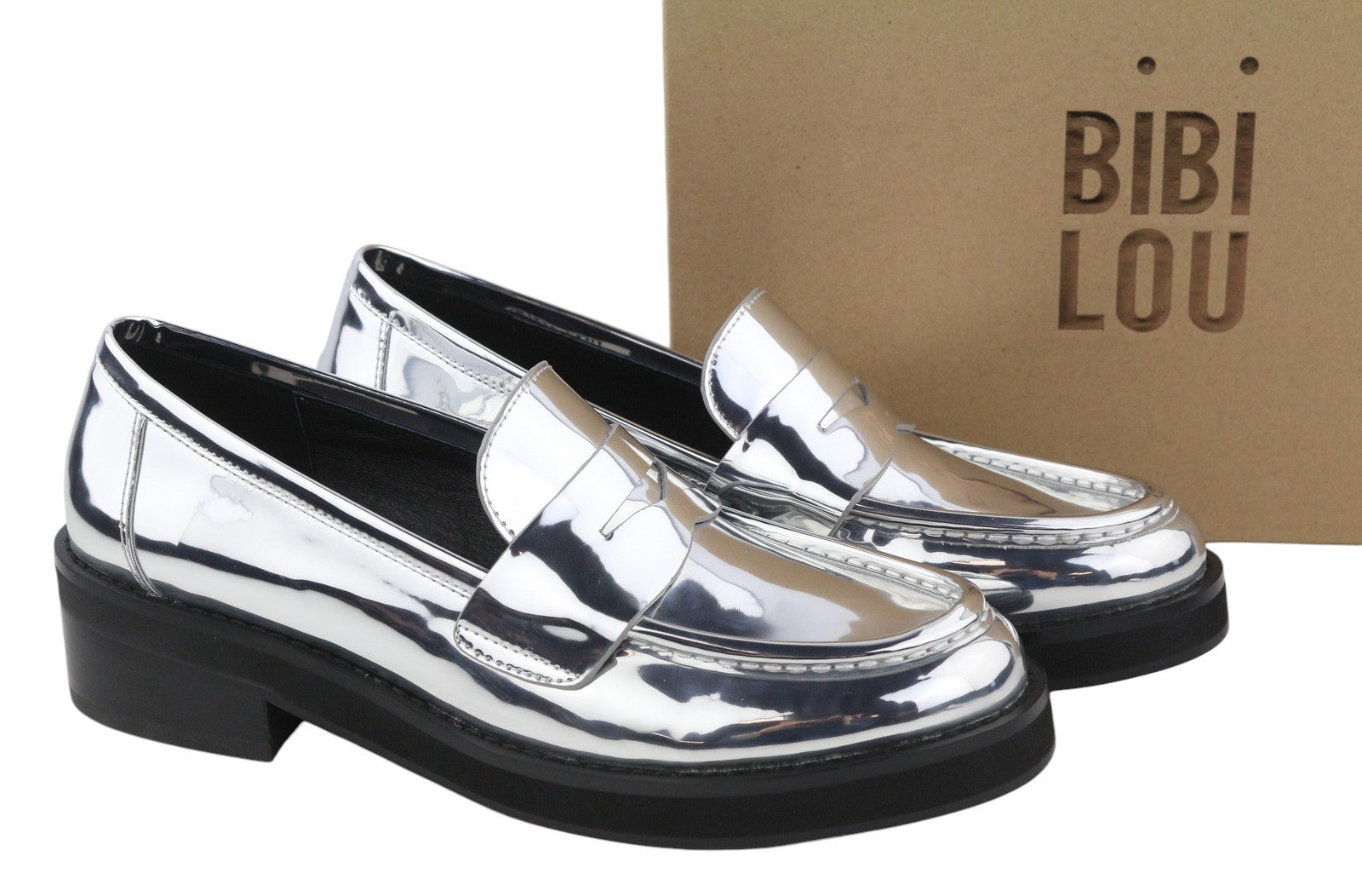 BIBI LOU Jaya Women Flats EU39 Shiny Silver Leather Chunky Slip On RRP199