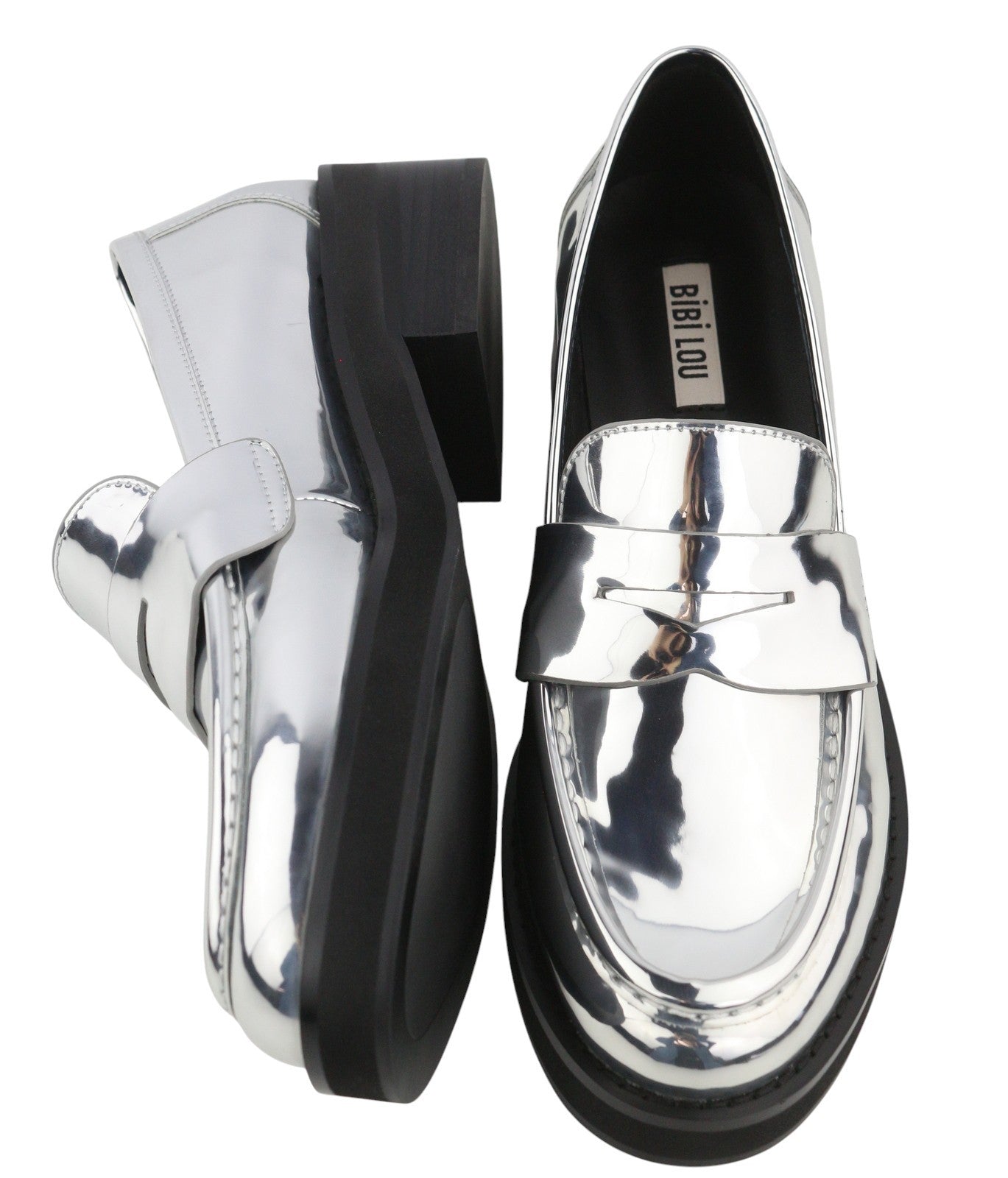 BIBI LOU Jaya Women Flats EU39 Shiny Silver Leather Chunky Slip On RRP199