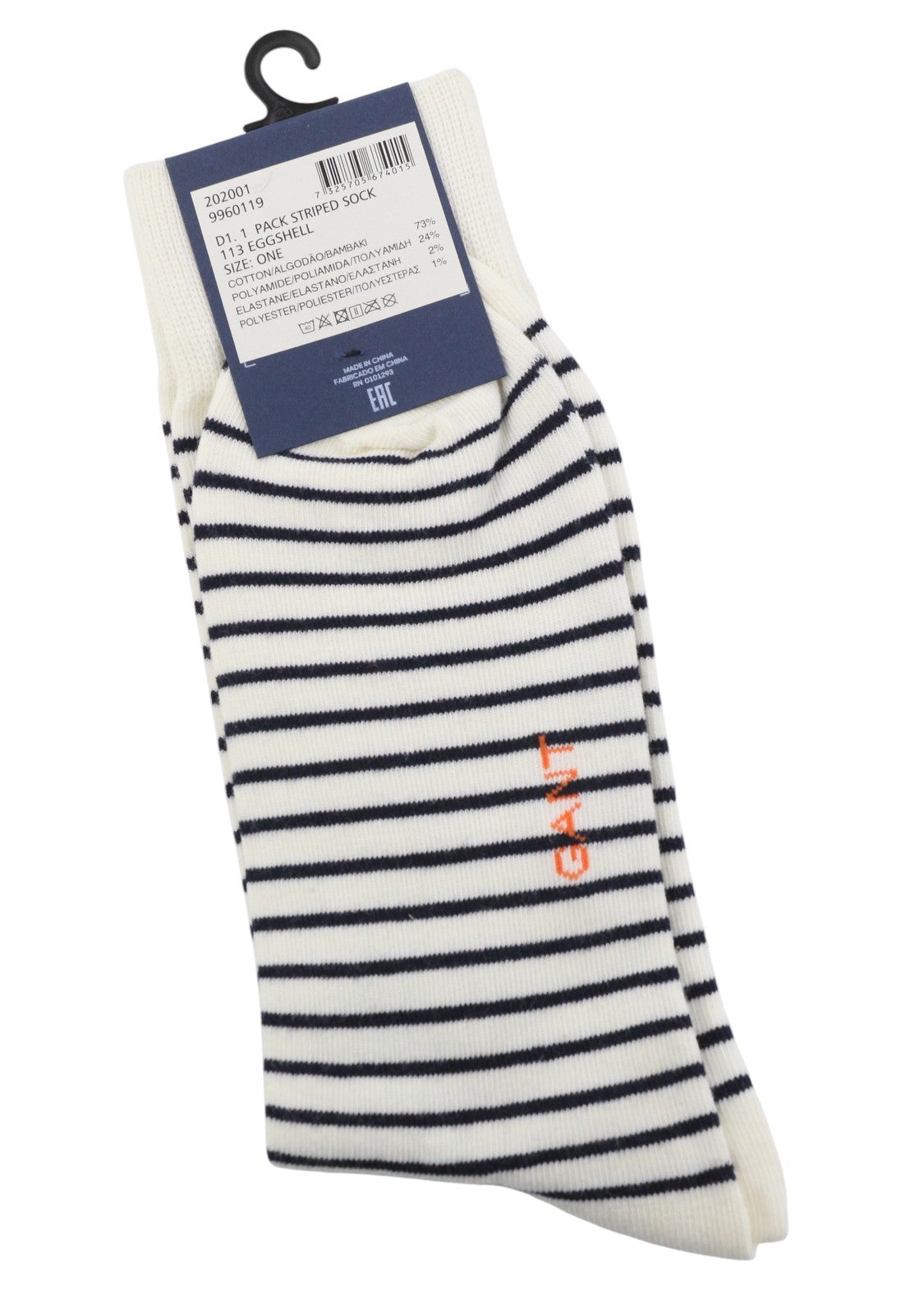 GANT 1 Pack Striped Men Socks OS Eggshell White Tight-Knit Stretch Logo Unisex