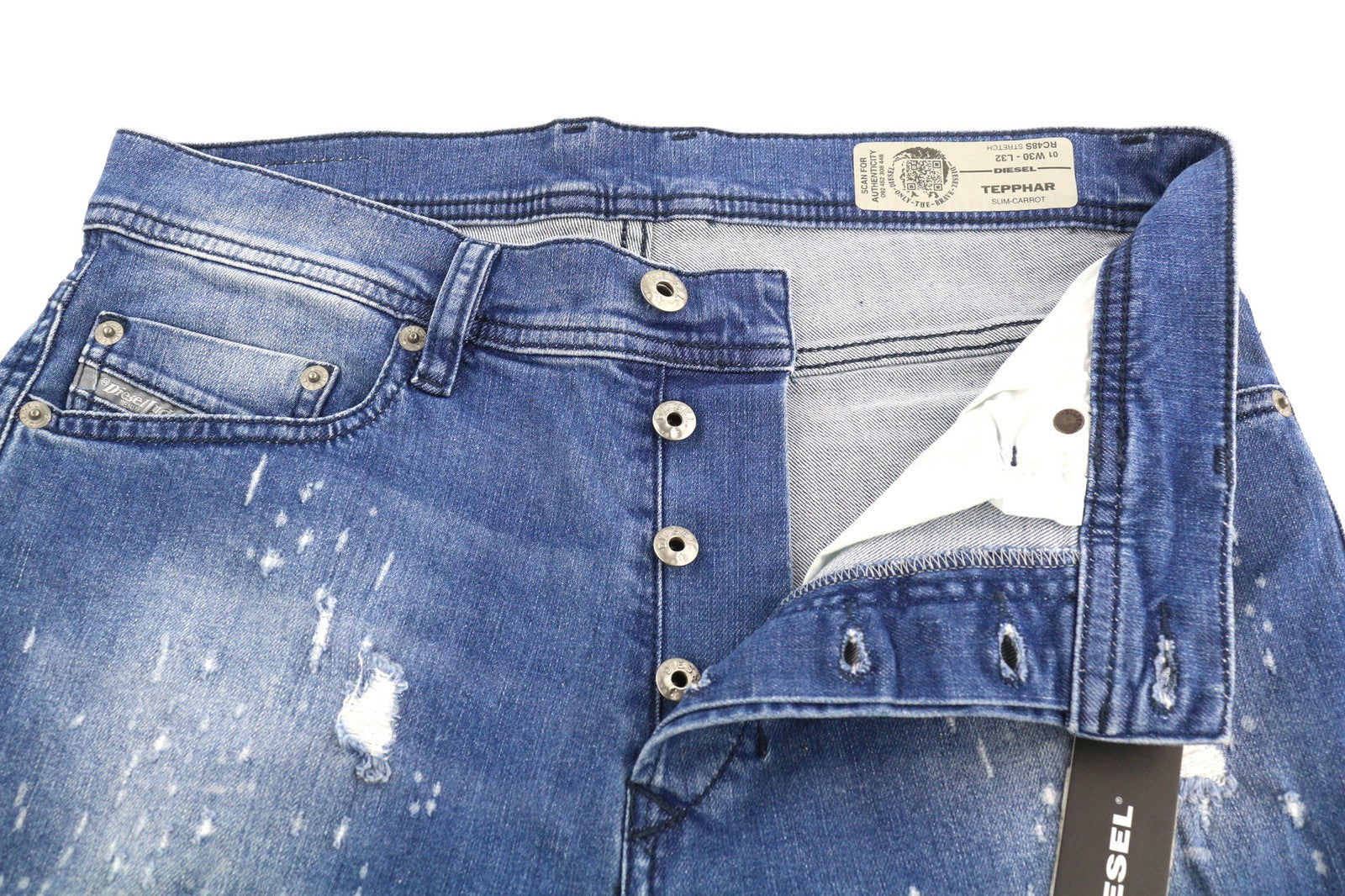 DIESEL Tepphar RC48S Men's Jeans W30/L32 Slim Carrot Washed Blue Distressed