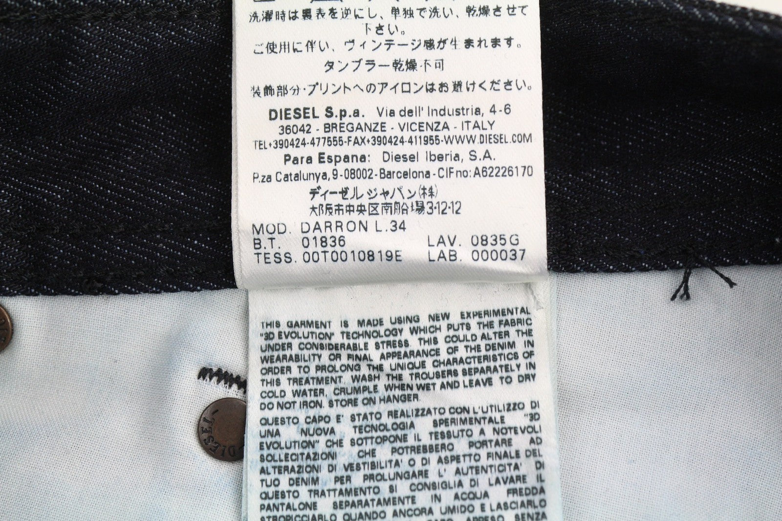 DIESEL Darron 0835G Men's Jeans W28/L34 Slim Tapered Dark Blue Buttoned