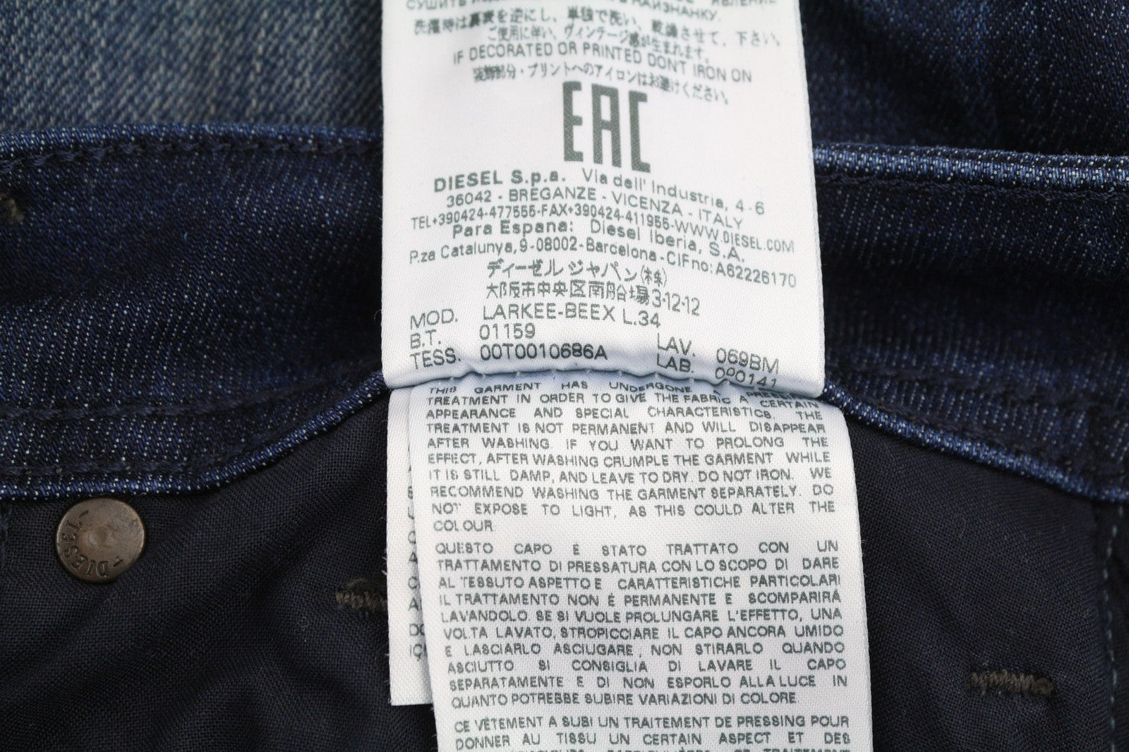 DIESEL Larkee-Beex 069BM Men's Jeans W29/L34 Tapered Ultrasoft Stretch Fit