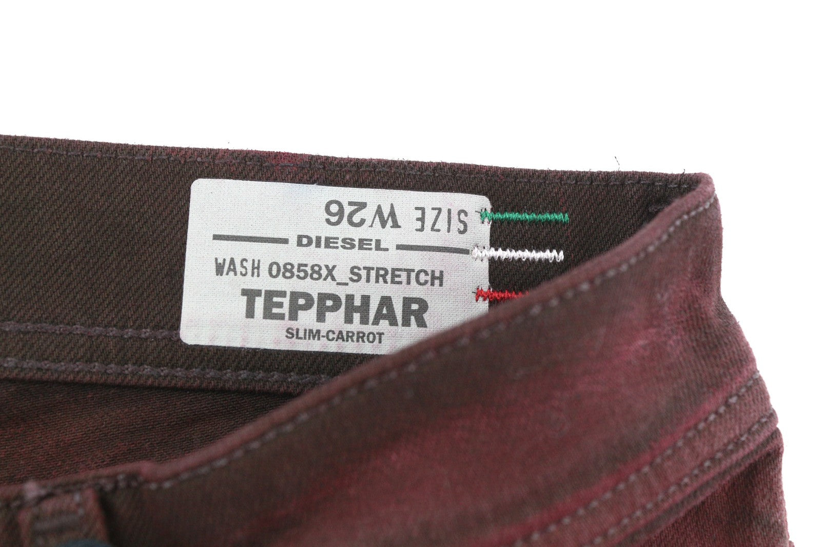DIESEL Tepphar 0858X Men's Jeans W26 Slim Carrot Burgundy Buttoned Logo