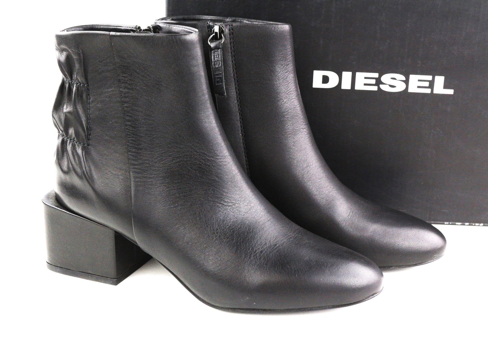 DIESEL Jaynet MAB Women's Boots EU38 Black Leather Zip Almond Heel Logo RRP290