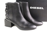 DIESEL Jaynet MAB Women's Boots EU38 Black Leather Zip Almond Heel Logo RRP290