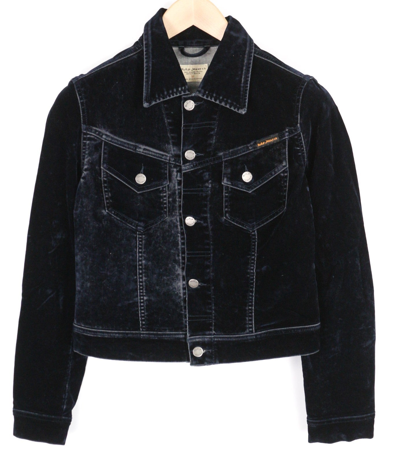 NUDIE JEANS Tove Women's Jacket M Blue Velvet Polo Collar Button Sleeve