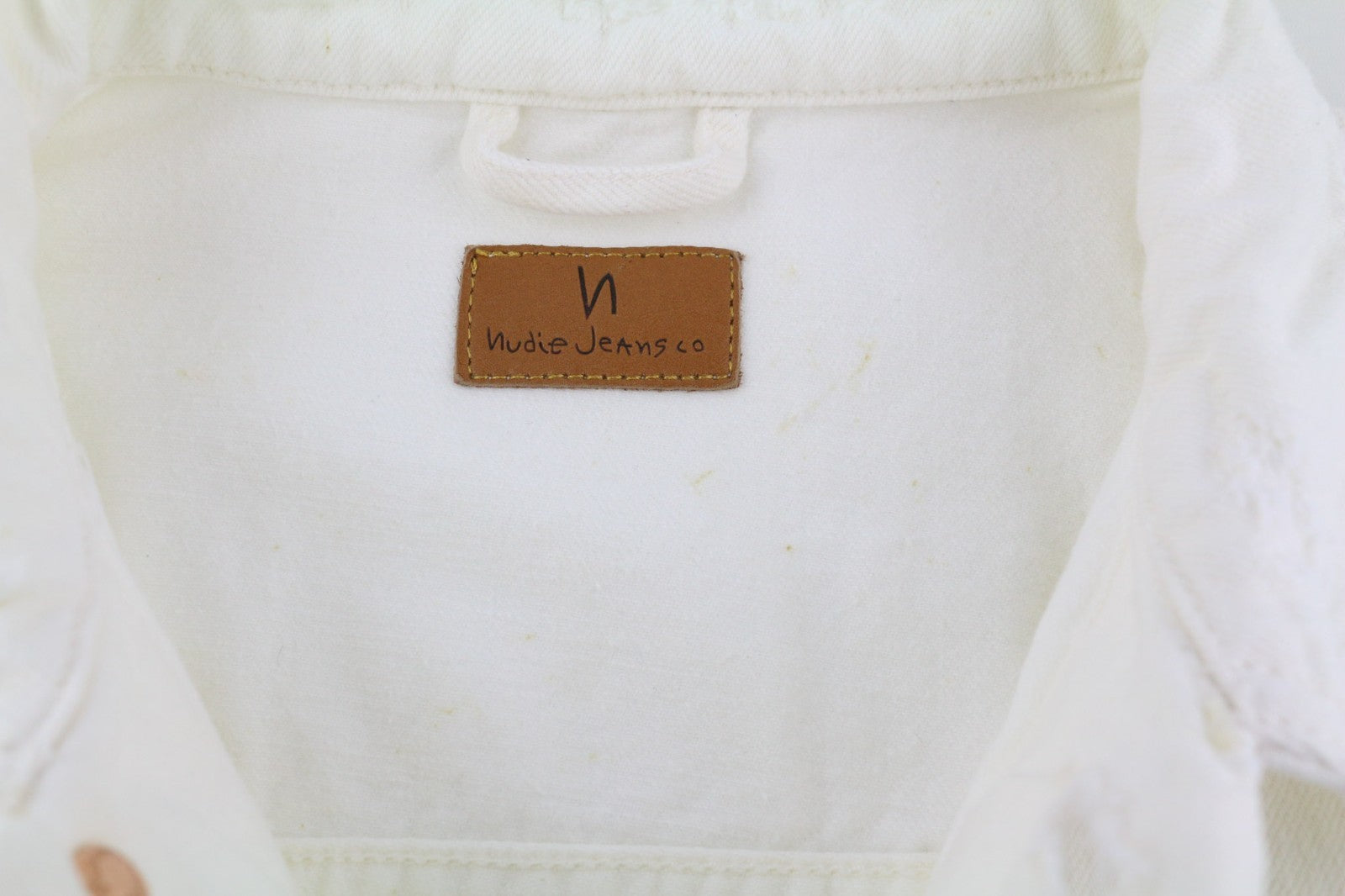 NUDIE JEANS Billy Men's Jacket L Pitch White Worn Button Polo Unlined