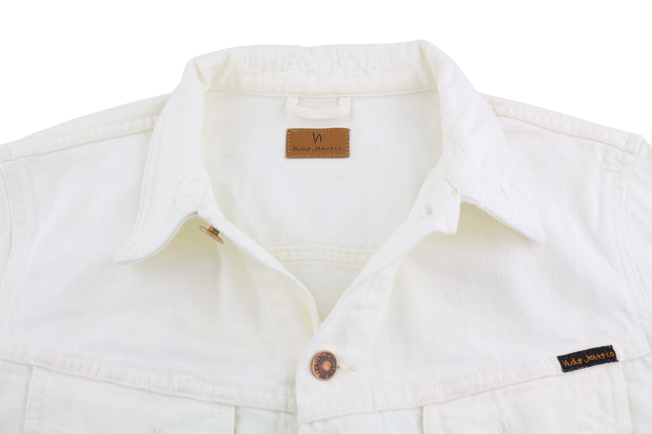NUDIE JEANS Billy Men's Jacket L Pitch White Worn Button Polo Unlined