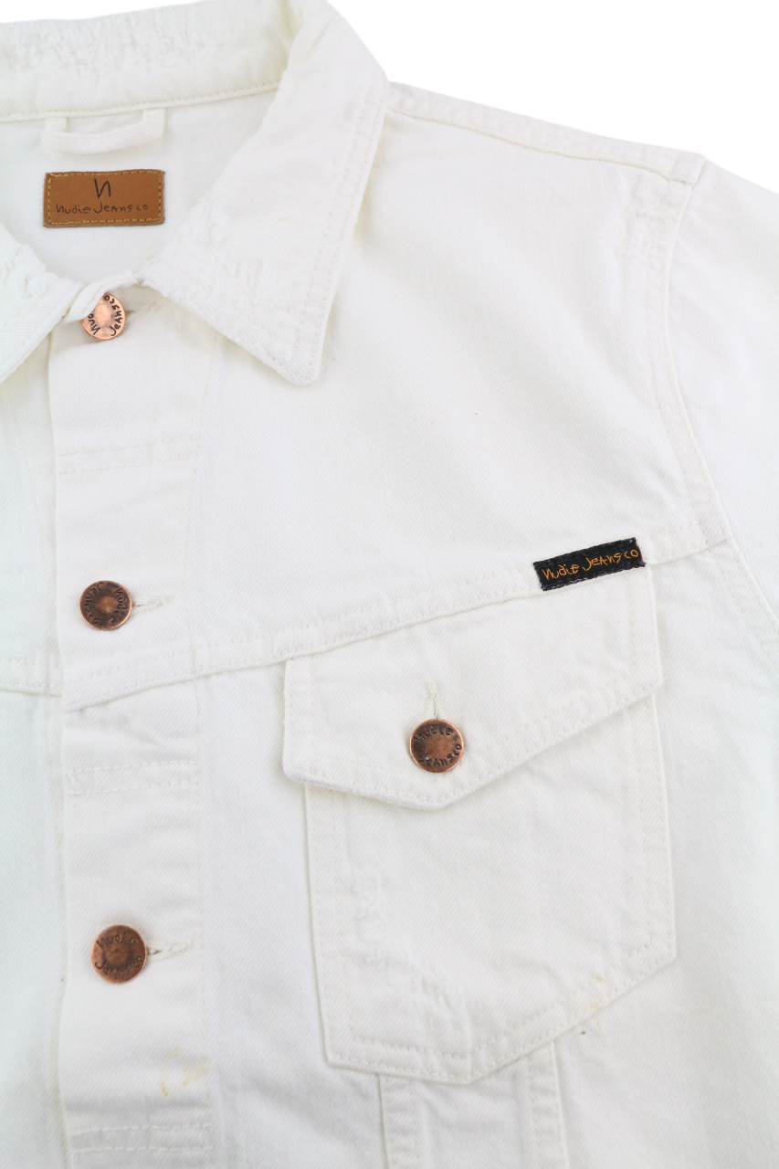 NUDIE JEANS Billy Men's Jacket L Pitch White Worn Button Polo Unlined