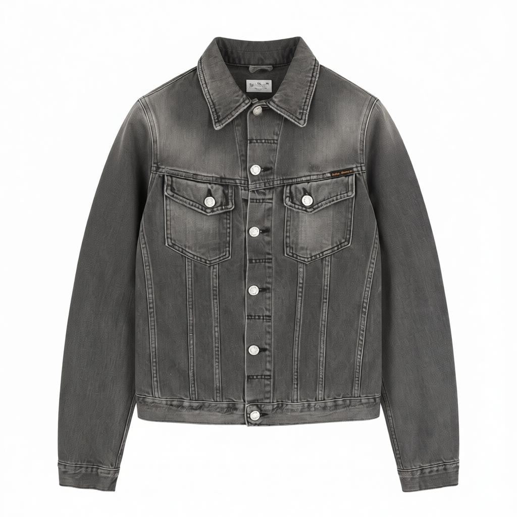 NUDIE JEANS Billy Men's XS Shimmering Shist Grey Ripped Washed Denim Jacket