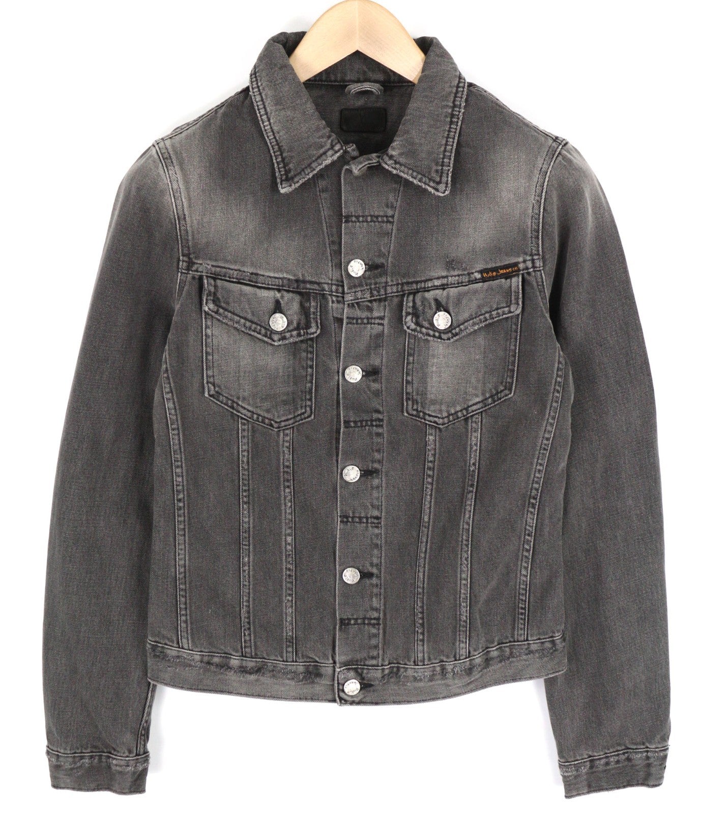 NUDIE JEANS Billy Men's XS Shimmering Shist Grey Ripped Washed Denim Jacket