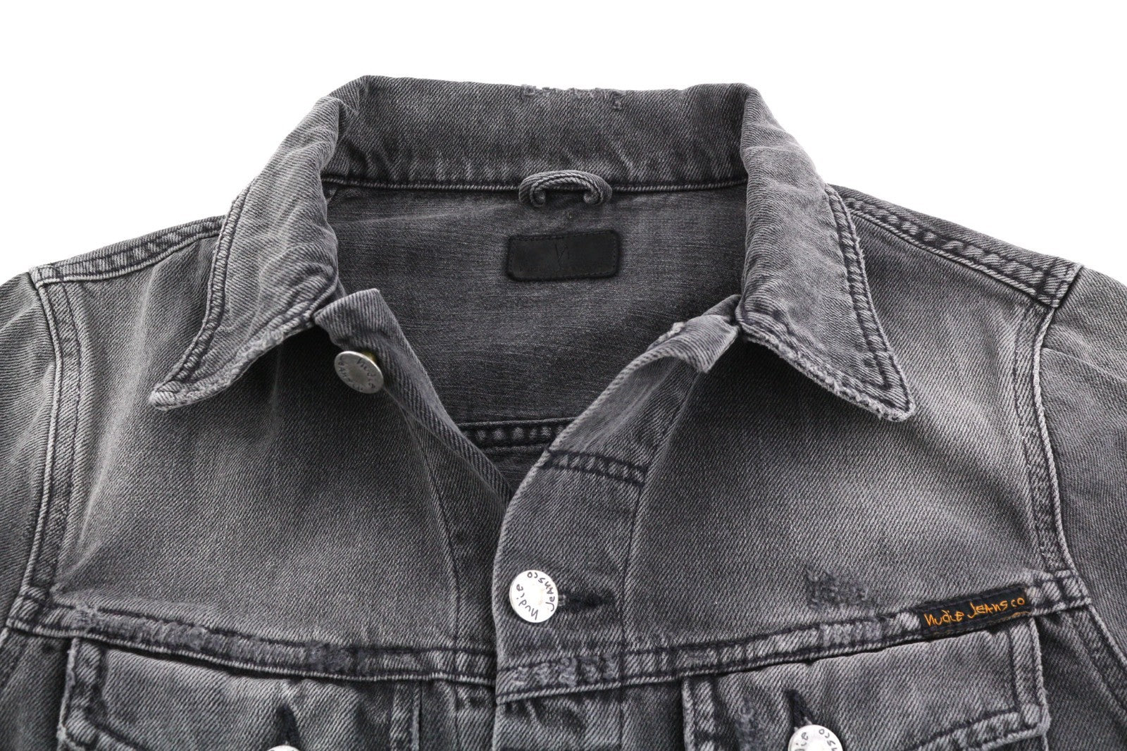 NUDIE JEANS Billy Men's XS Shimmering Shist Grey Ripped Washed Denim Jacket