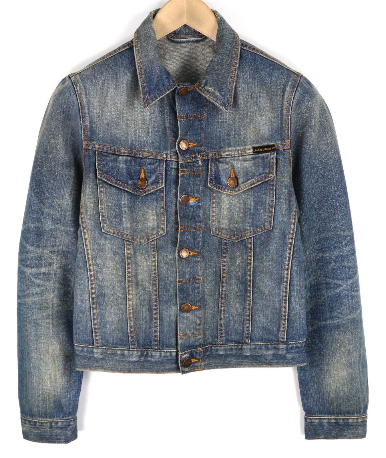 NUDIE JEANS Perry Men's XS Organic Bright Broken Mid Blue Washed Denim Jacket