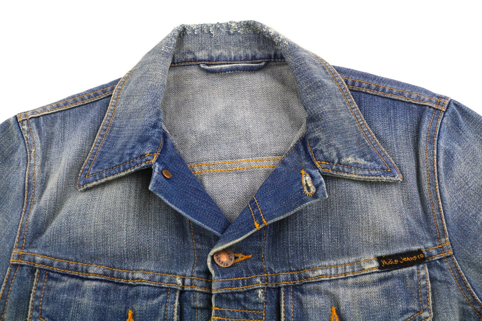 NUDIE JEANS Perry Men's XS Organic Bright Broken Mid Blue Washed Denim Jacket