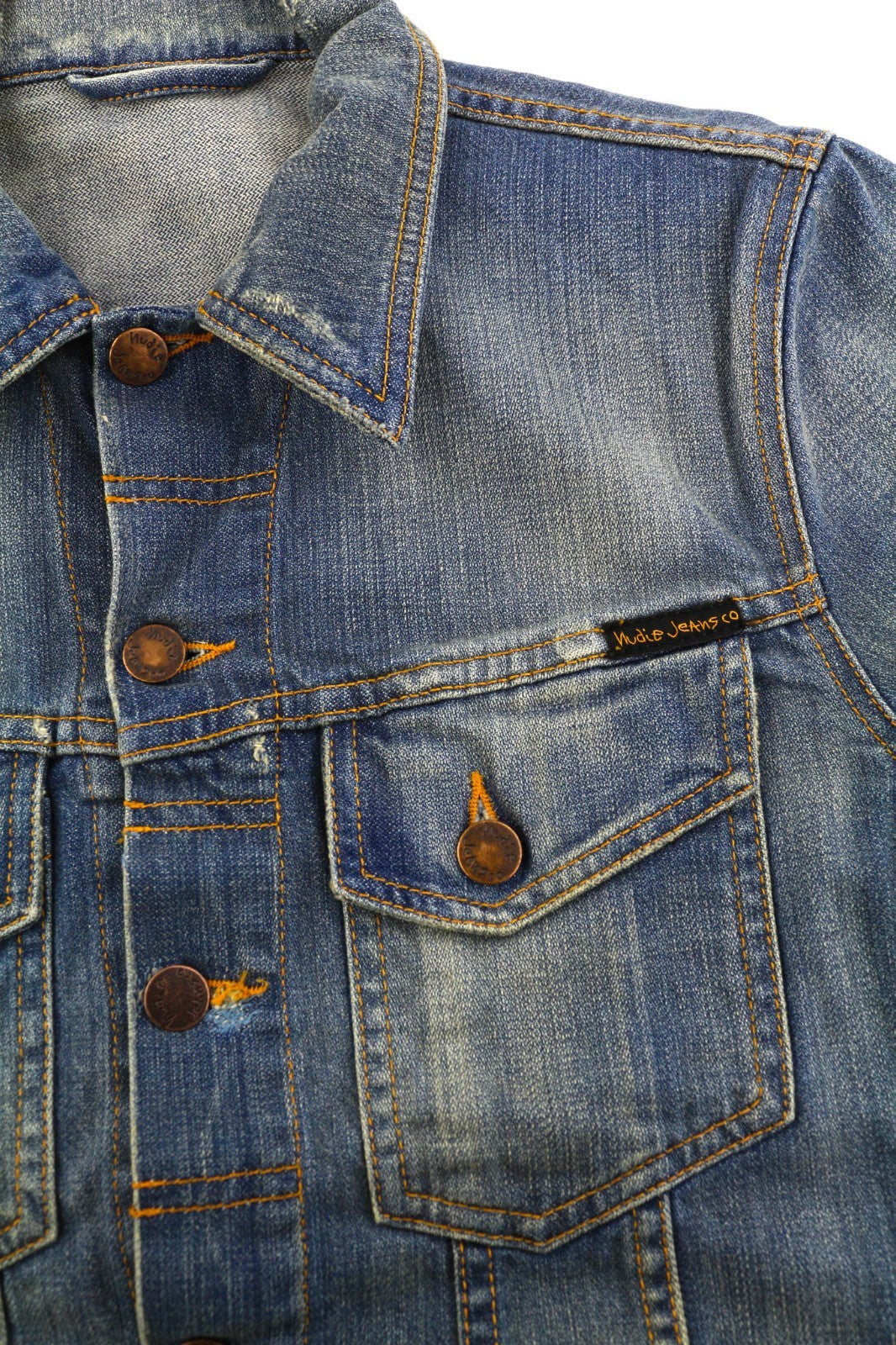 NUDIE JEANS Perry Men's XS Organic Bright Broken Mid Blue Washed Denim Jacket