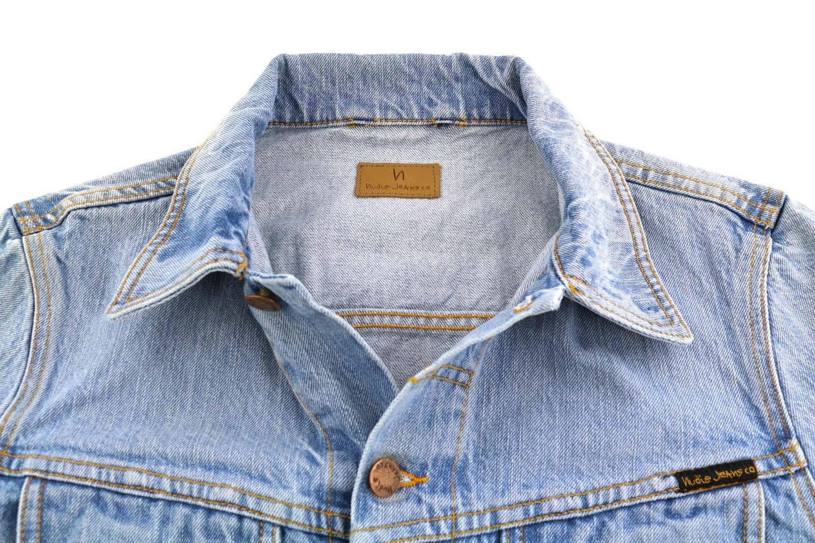 NUDIE JEANS Men's S Mid Blue Washed Denim Polo Button Pocket Casual Jacket