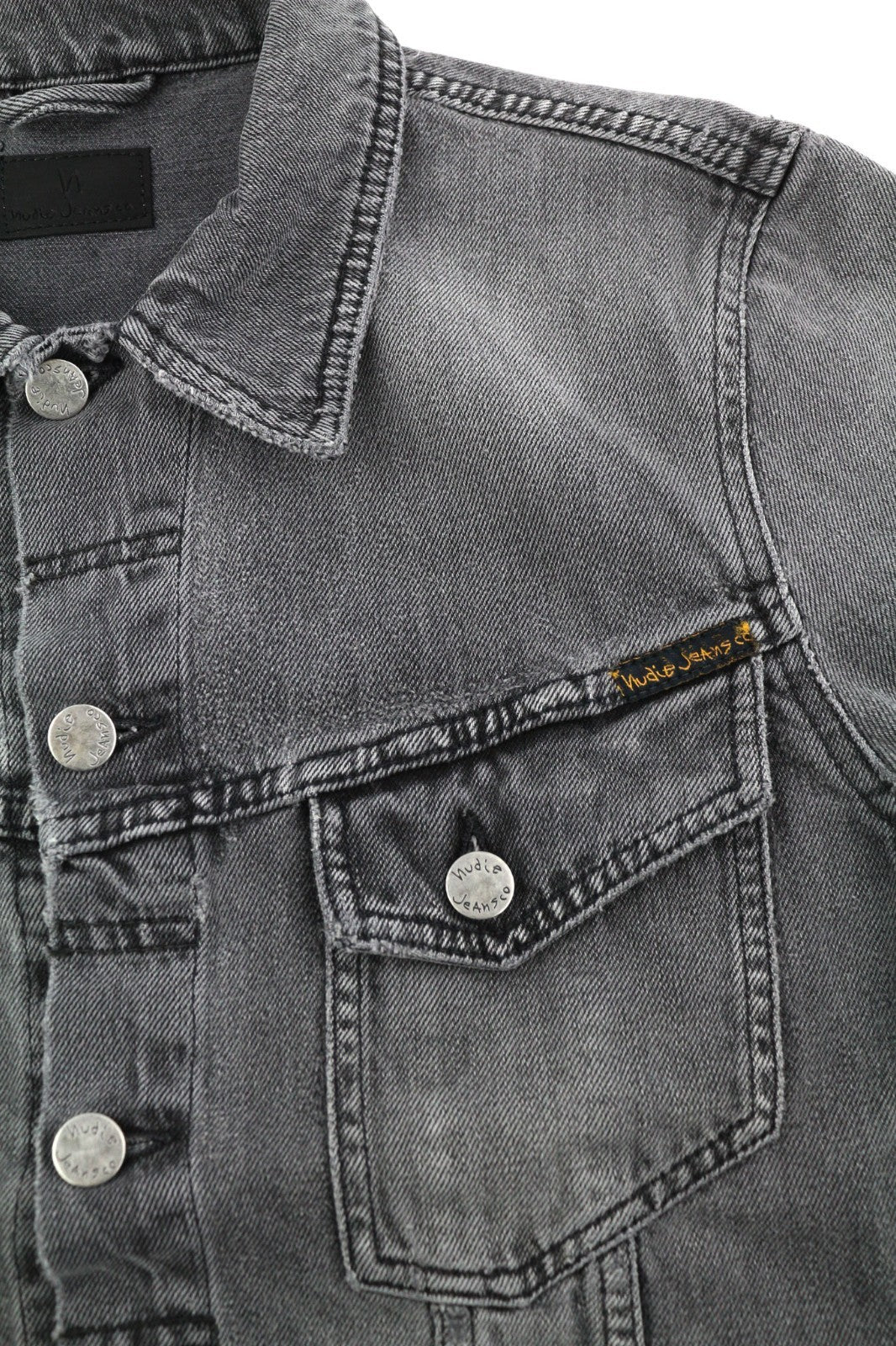 NUDIE JEANS Billy Men's S Desolation Grey Polo Neck Button Mid Denim Jacket