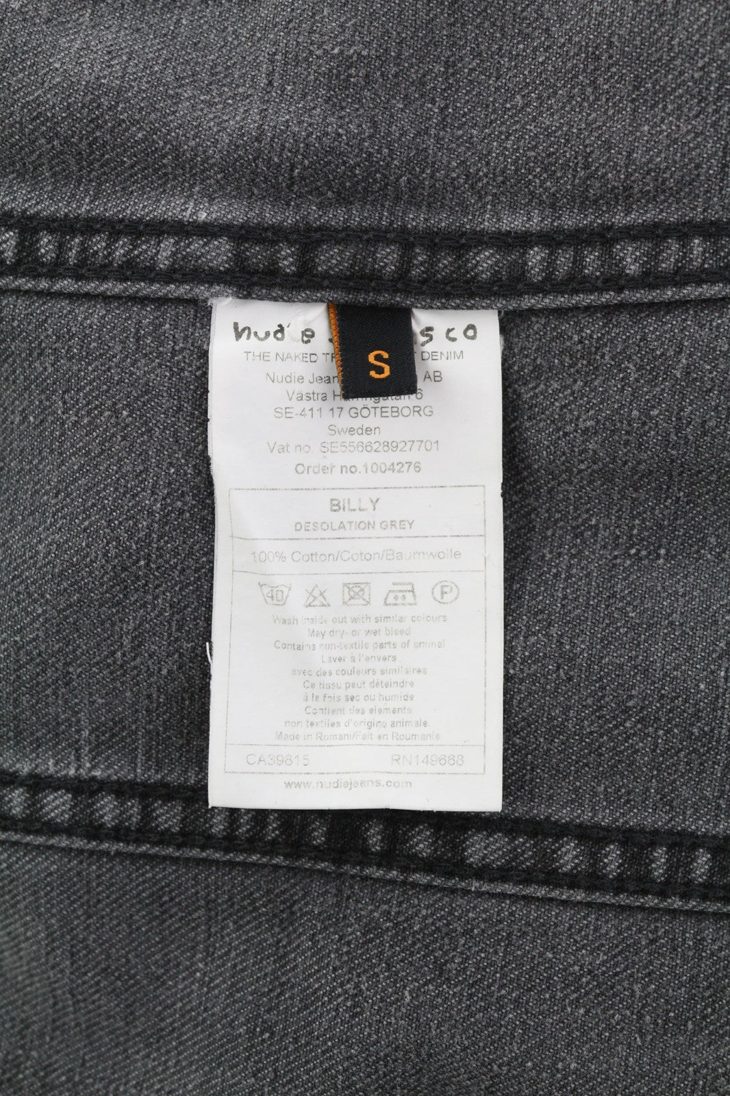 NUDIE JEANS Billy Men's S Desolation Grey Polo Neck Button Mid Denim Jacket