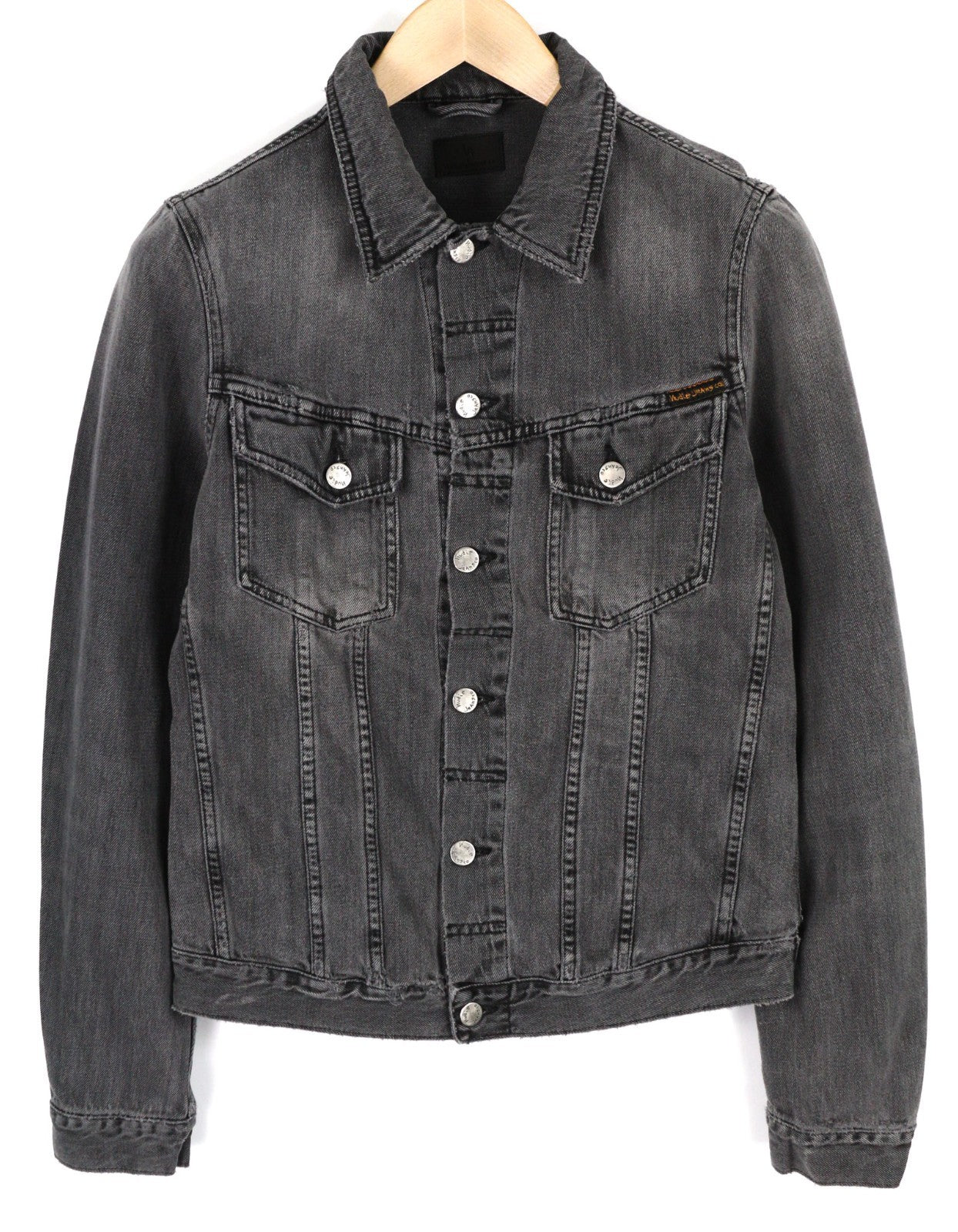 NUDIE JEANS Billy Men's S Desolation Grey Polo Neck Mid Denim Buttoned Coat