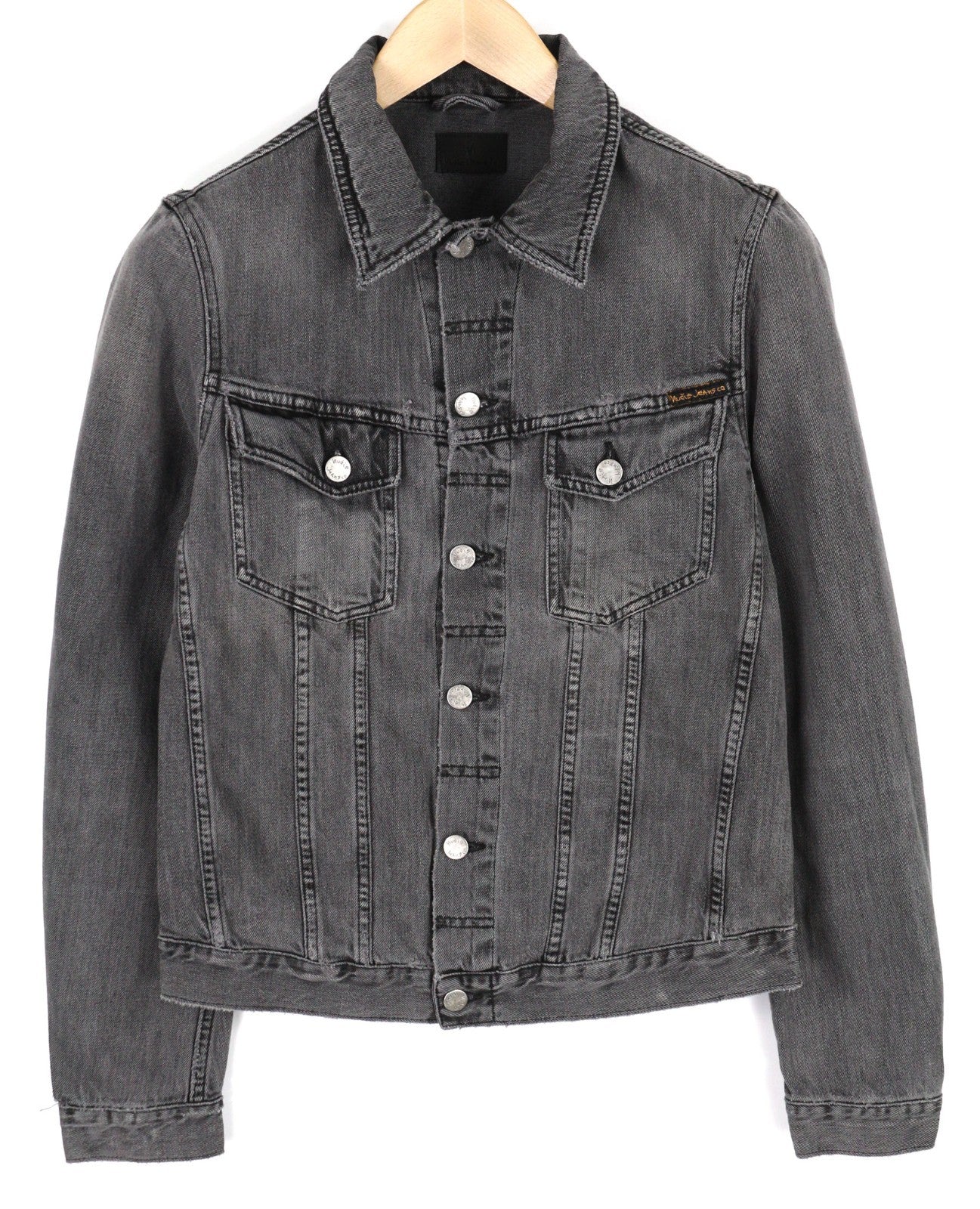 NUDIE JEANS Billy Men's S Desolation Grey Polo Neck Logo Mid Denim Jacket