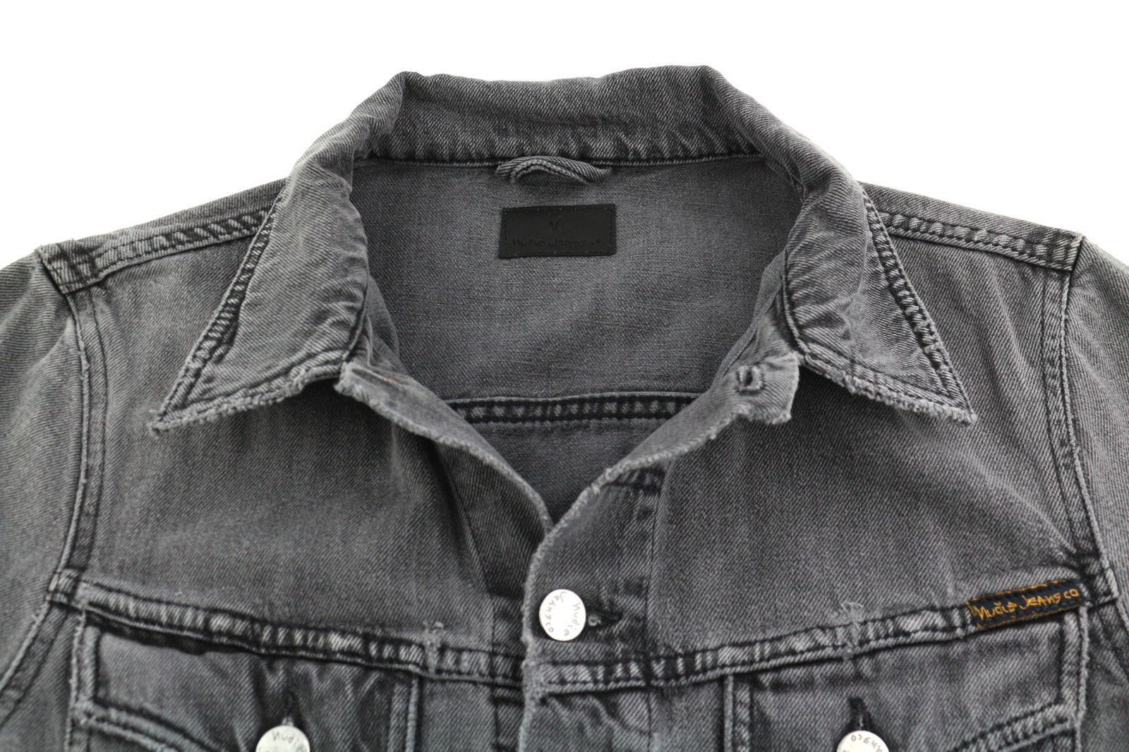 NUDIE JEANS Billy Men's S Desolation Grey Polo Neck Logo Mid Denim Jacket