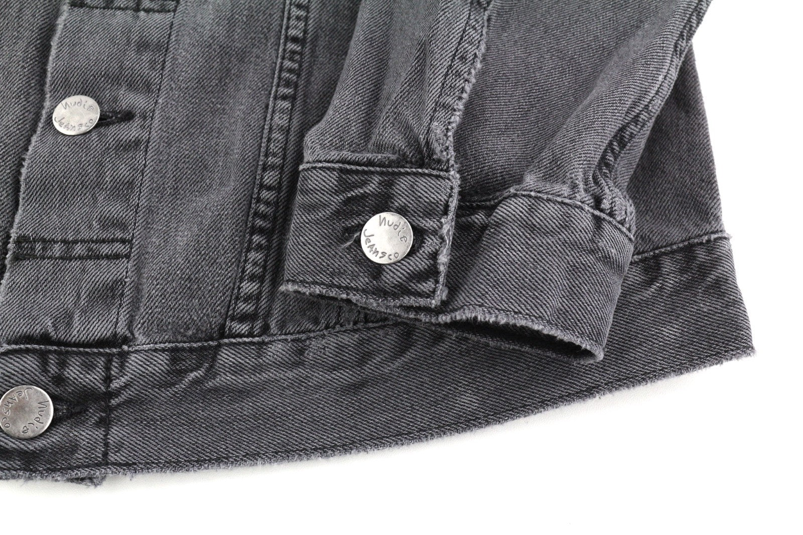 NUDIE JEANS Billy Men's S Desolation Grey Polo Neck Logo Mid Denim Jacket