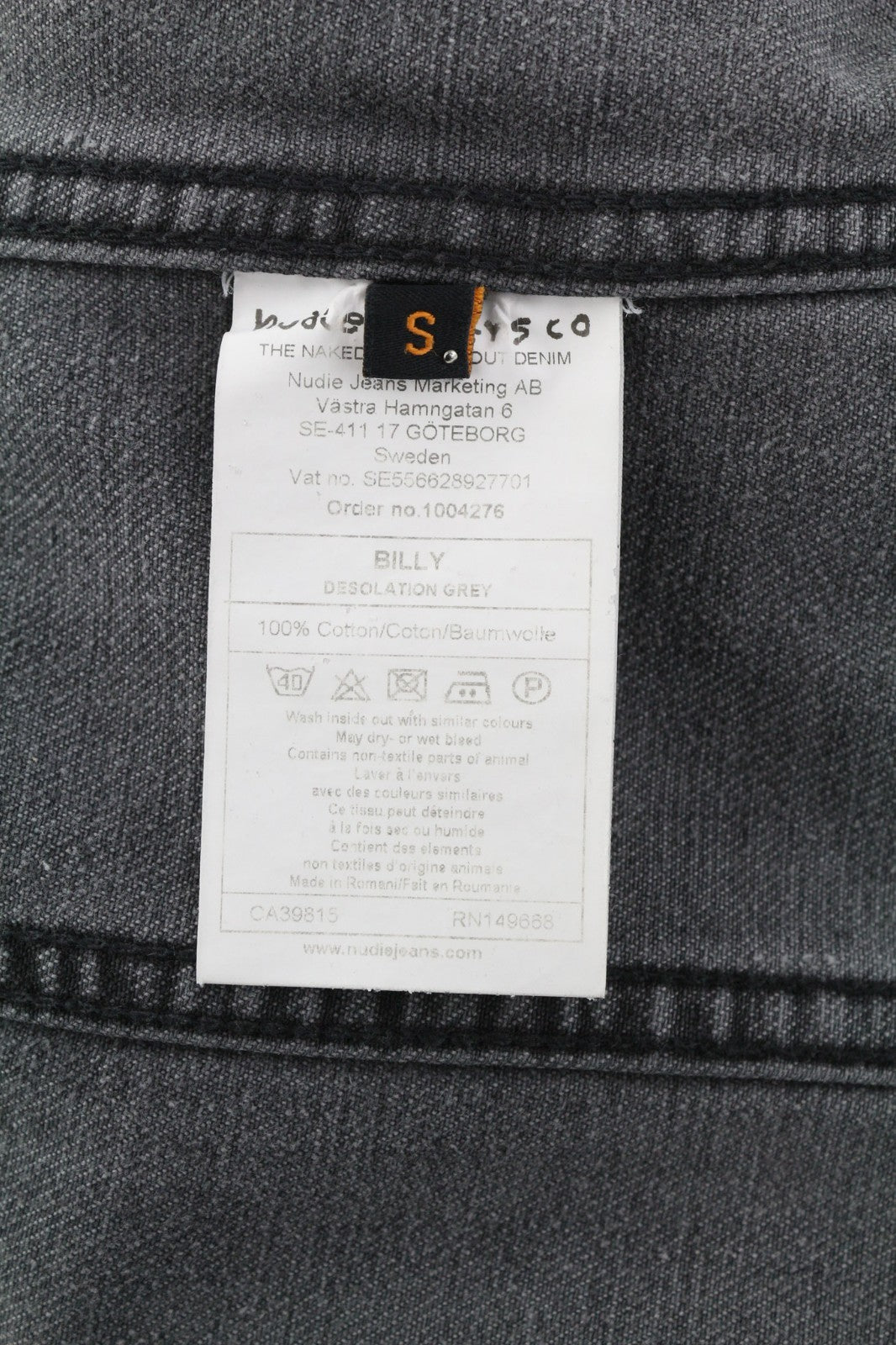 NUDIE JEANS Billy Men's S Desolation Grey Polo Neck Logo Mid Denim Jacket