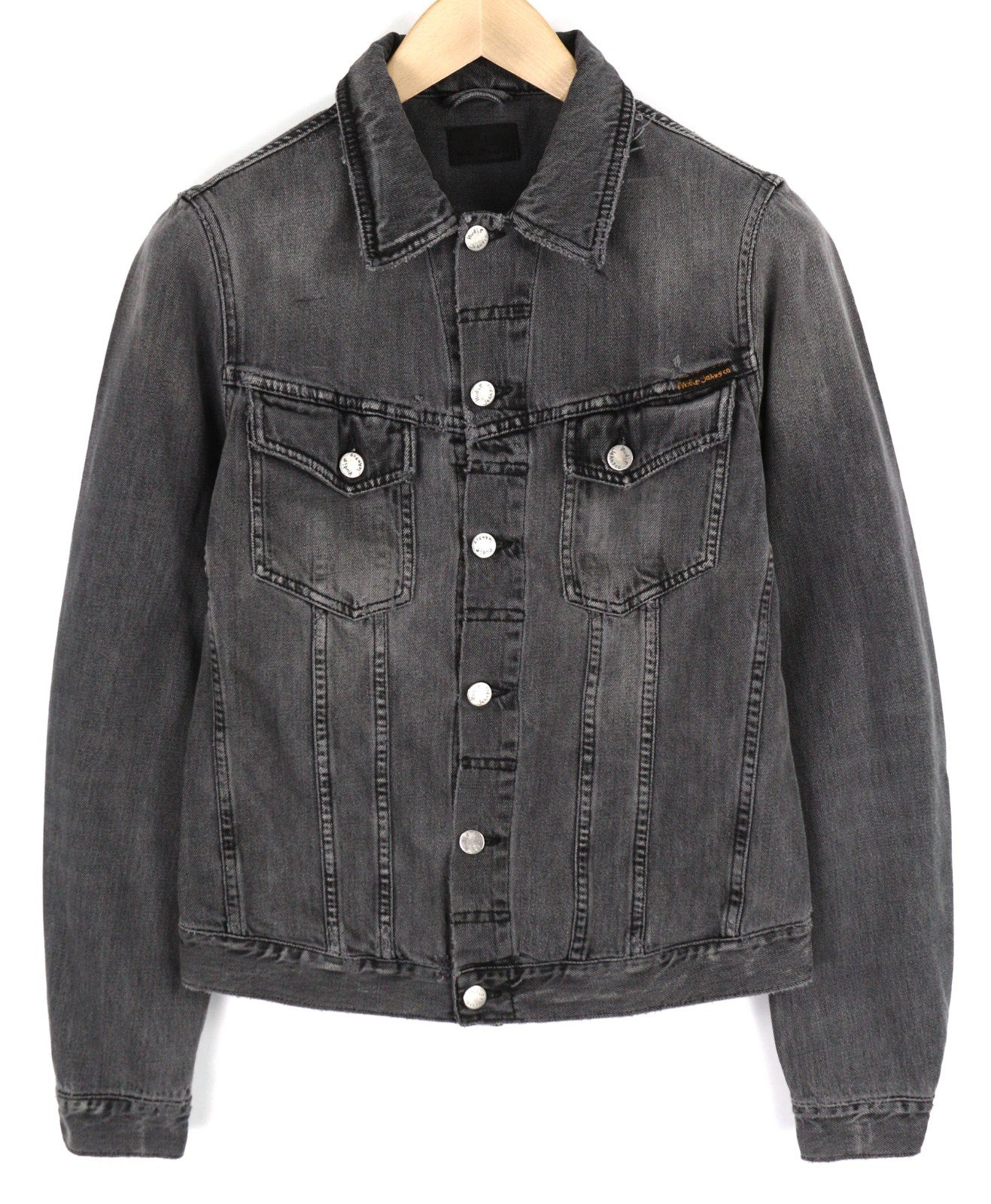 NUDIE JEANS Billy Men's S Desolation Grey Polo Neck Logo Button Denim Jacket