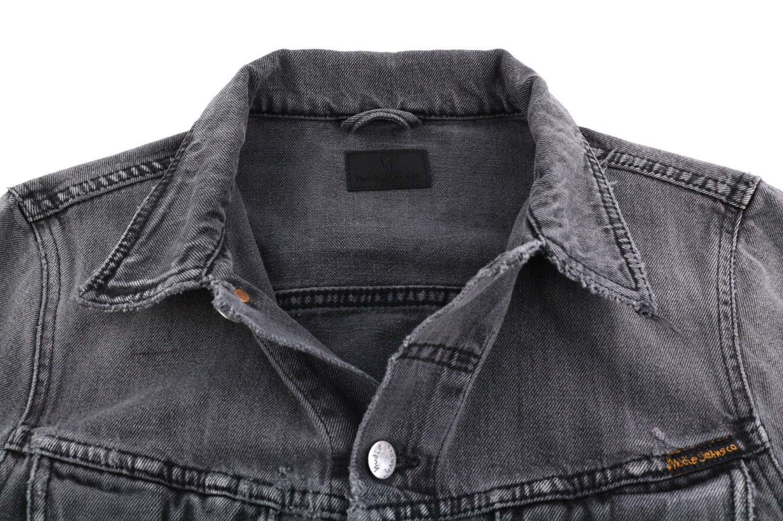 NUDIE JEANS Billy Men's S Desolation Grey Polo Neck Logo Button Denim Jacket