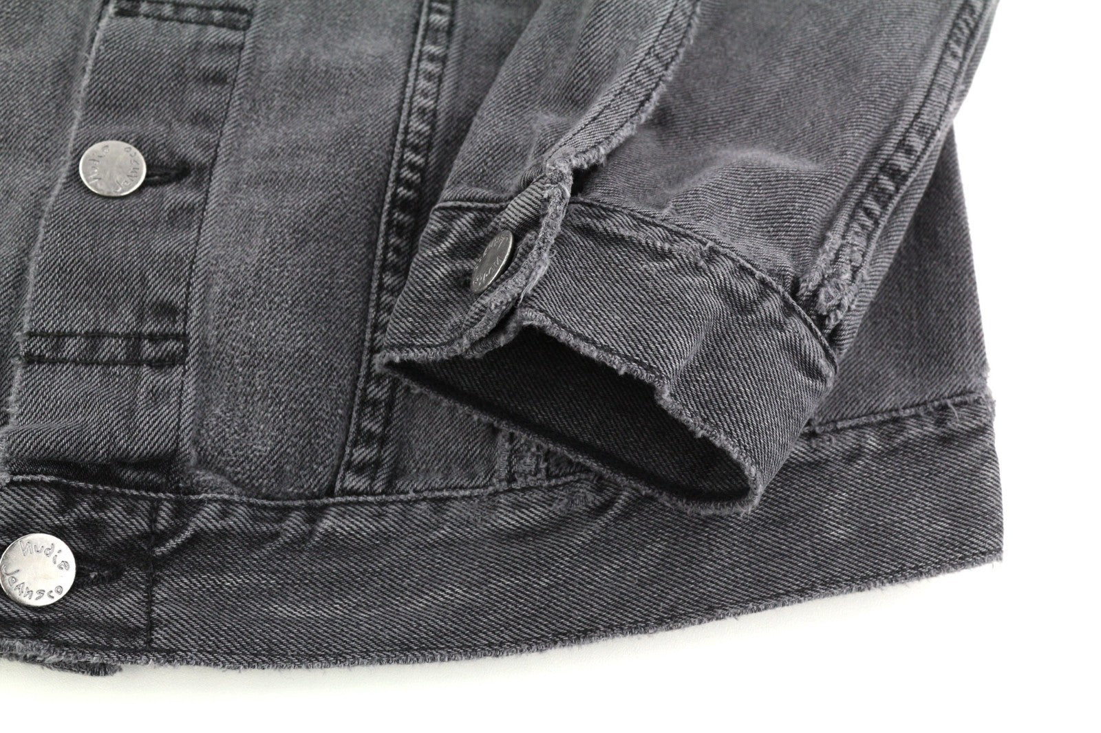 NUDIE JEANS Billy Men's S Desolation Grey Polo Neck Logo Button Denim Jacket