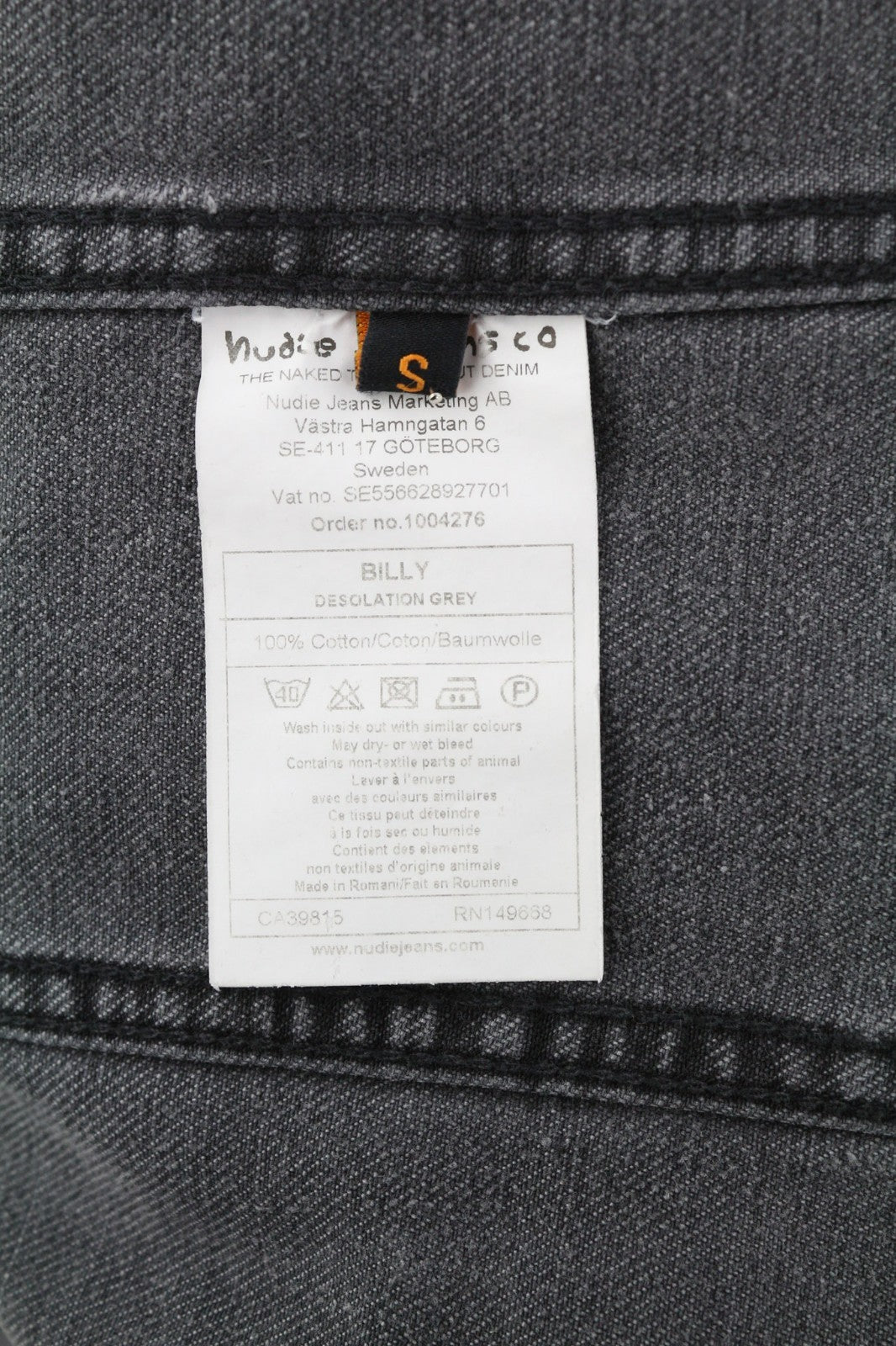 NUDIE JEANS Billy Men's S Desolation Grey Polo Neck Logo Button Denim Jacket