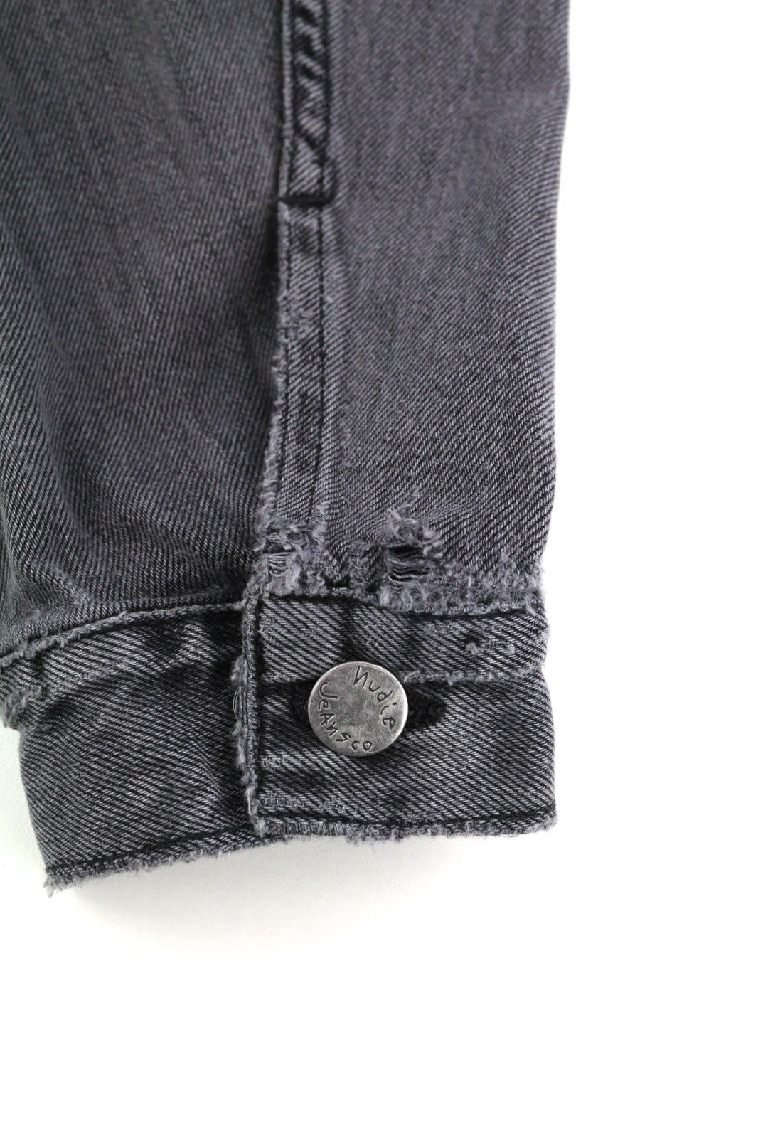 NUDIE JEANS Billy Men's S Desolation Grey Polo Neck Logo Patch Denim Jacket