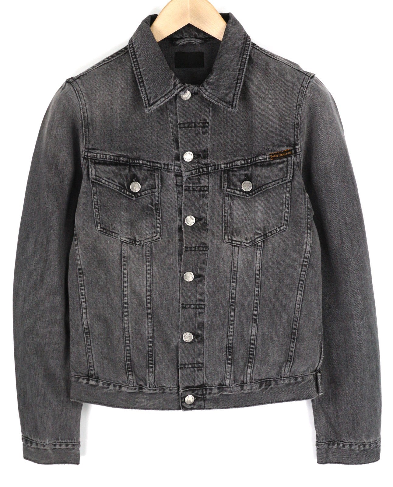 NUDIE JEANS Billy Men's S Desolation Grey Polo Neck Logo Patch Denim Jacket