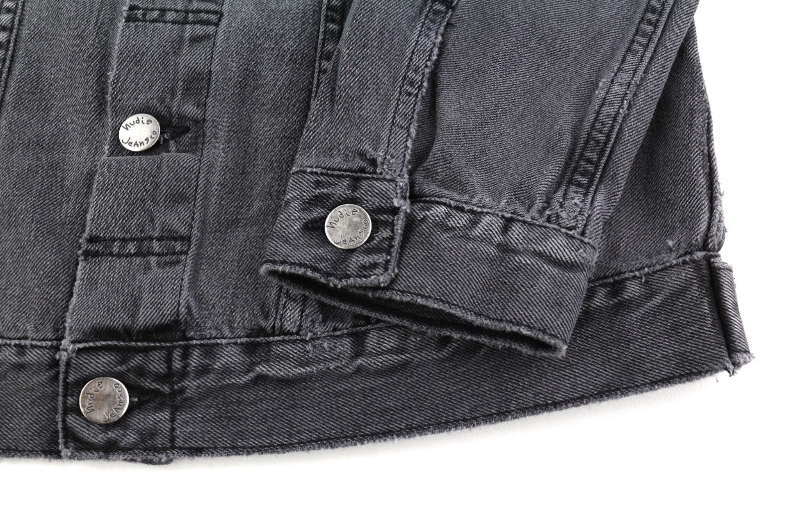 NUDIE JEANS Billy Men's S Desolation Grey Polo Neck Logo Patch Denim Jacket